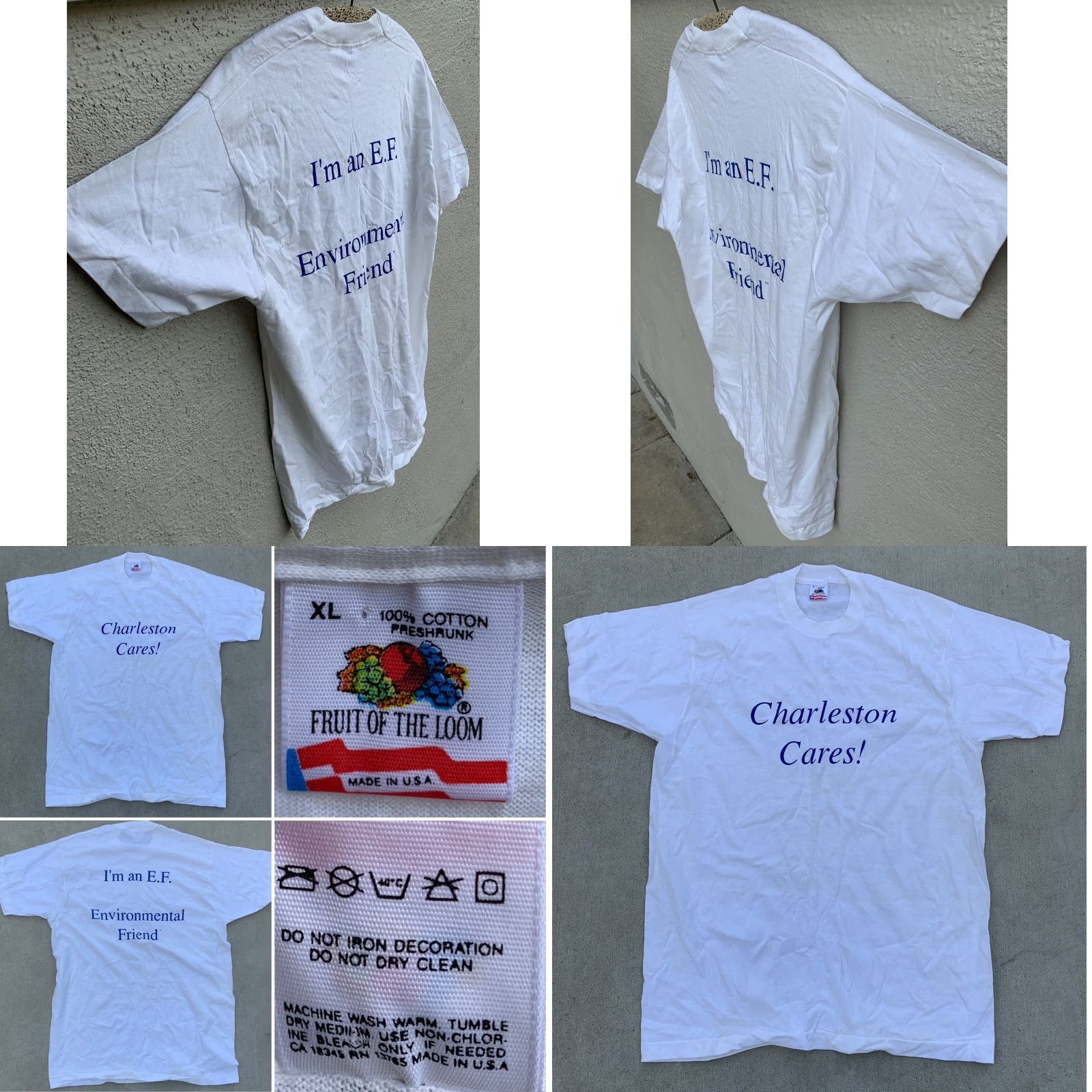 Fruit Of The Loom VINTAGE Charleston Cares I’m an EF Environmental Friend T-Shirt Size XL Men White Cotton Jersey Short Sleeve Graphic Print Size US XL / EU 56 / 4 - 9 Thumbnail