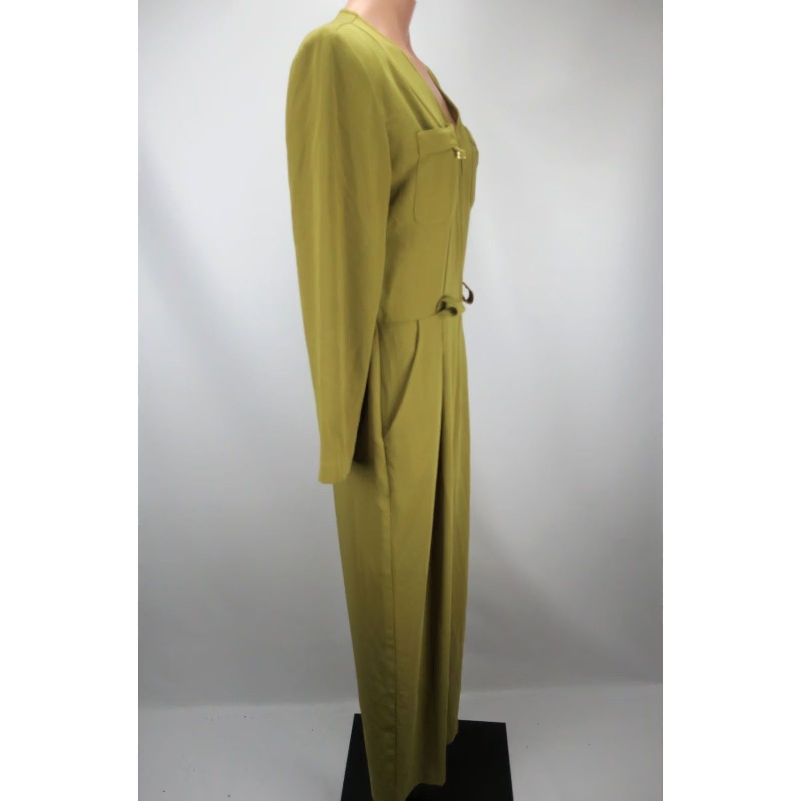 Vintage Caché Jumpsuit Shirt 80s VTG Chartreuse Green Belted Career Tapered 1990s 7 Adults Womens Mens Looks Eveningwear Size 28" / US 6 / IT 42 - 7 Thumbnail