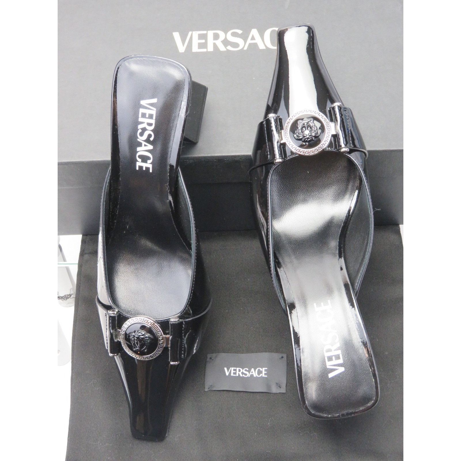 Versace VERSACE BLACK PATENT LEATHER COIN MEDUSA SANDALS PUMPS 37.5 Size US 7.5 / IT 37.5 - 1 Thumbnail