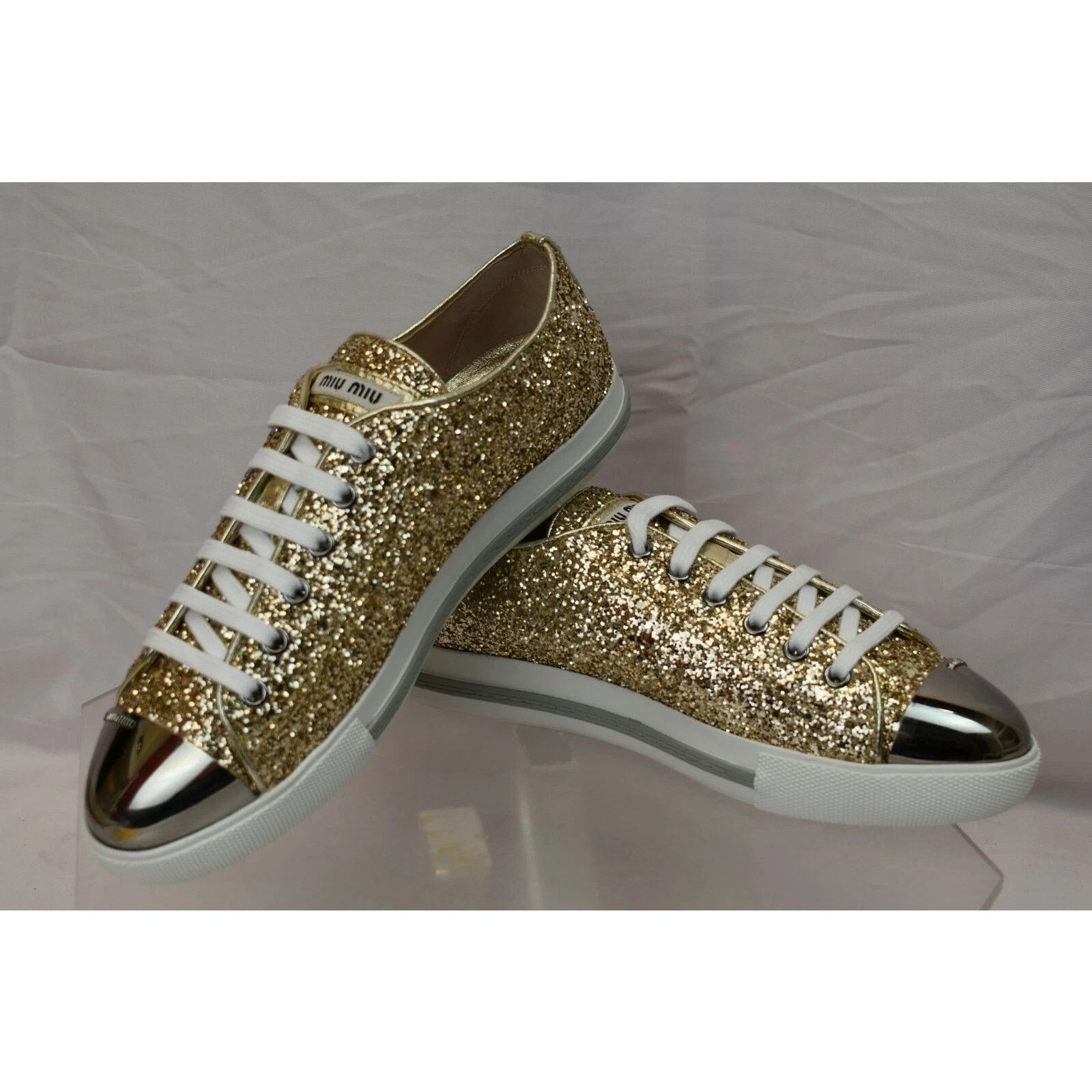 Miu Miu MIU MIU PRADA 5E8998 GOLD GLITTER METAL LOGO SNEAKERS 40.5 Size US 10.5 / IT 40.5 - 4 Thumbnail