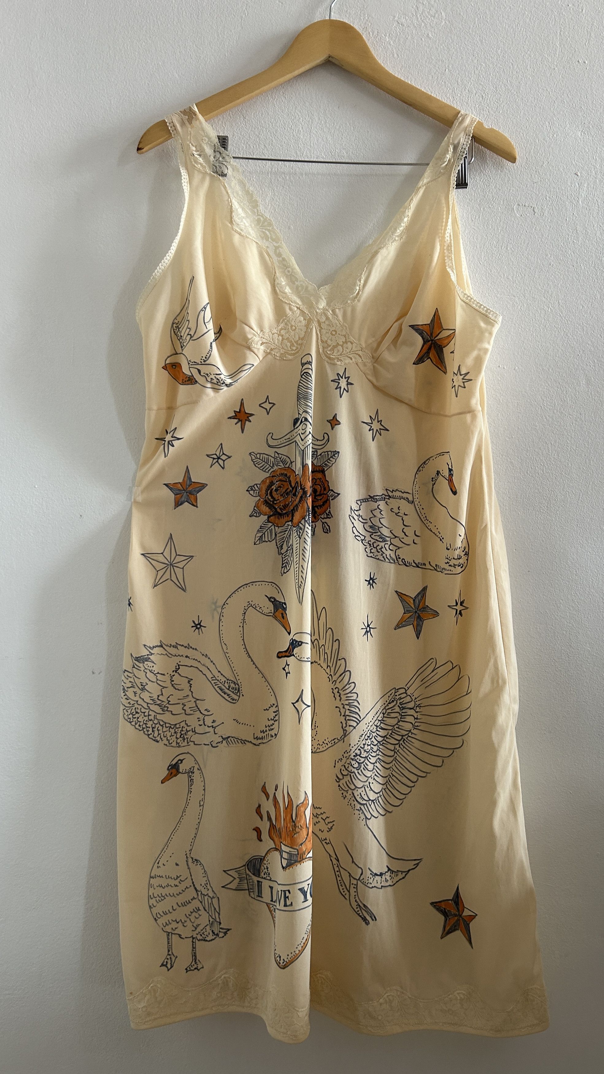 Custommade Hand-Painted Tattoo Swan Slip Dress Size L / US 10 / IT 46 - 14 Thumbnail