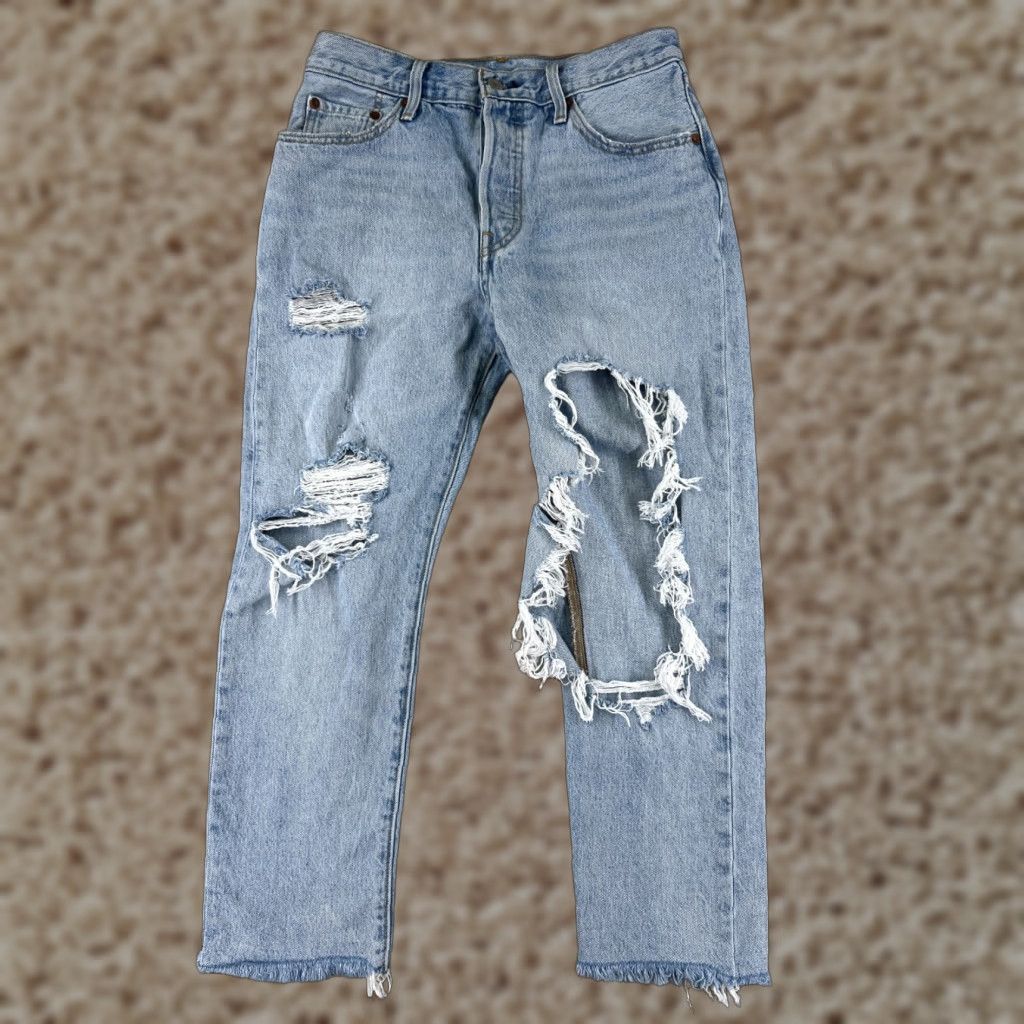 Levi's Levis Jeans Adult 28 Blue Denim 501 XX Button Fly DESTROYED Premium Straight Regular Men Size US 28 / EU 44 - 1 Thumbnail