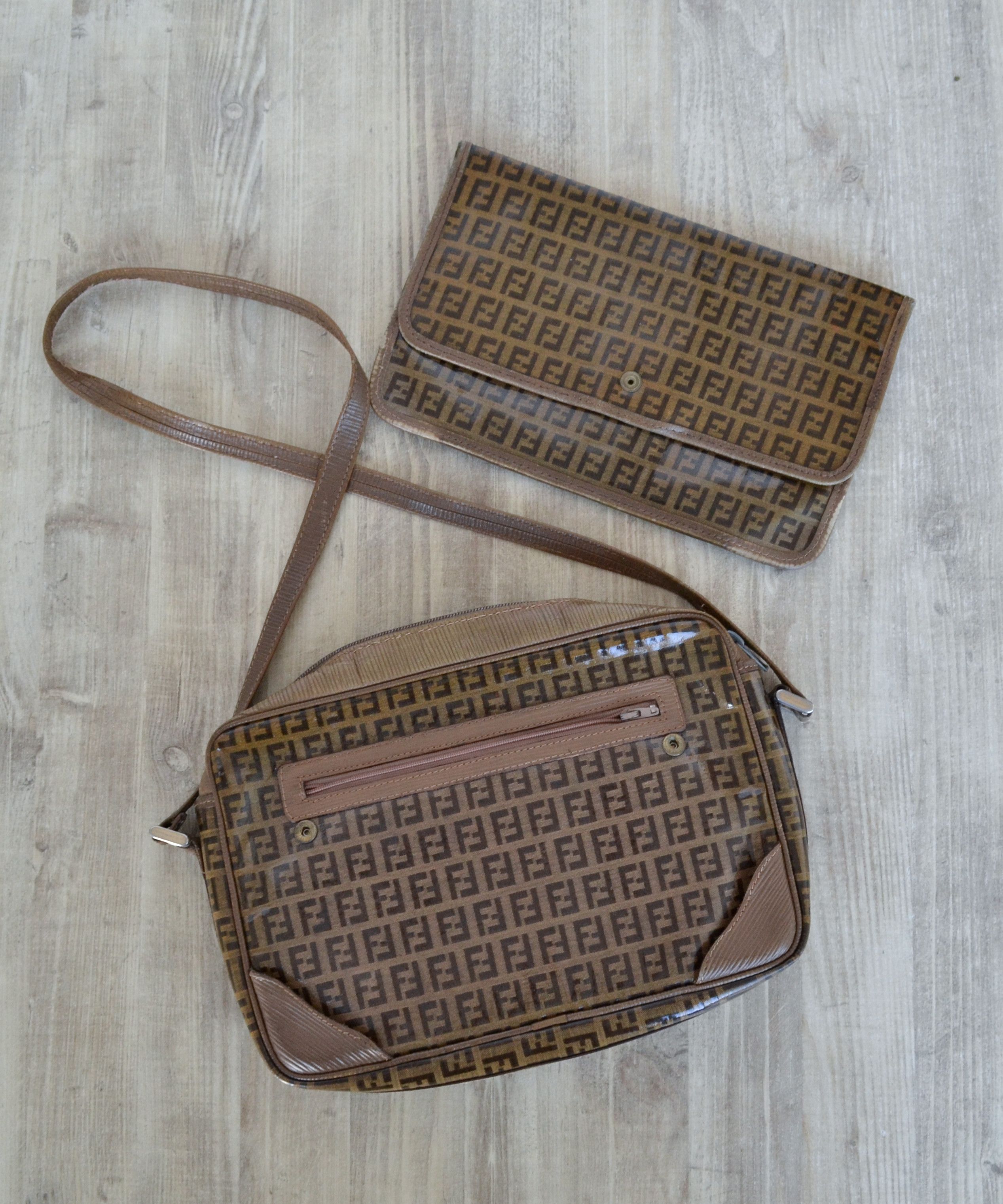 Fendi Crossbody Bag Clutch Brown Ff 90's Zip Logo Monogram, Men's