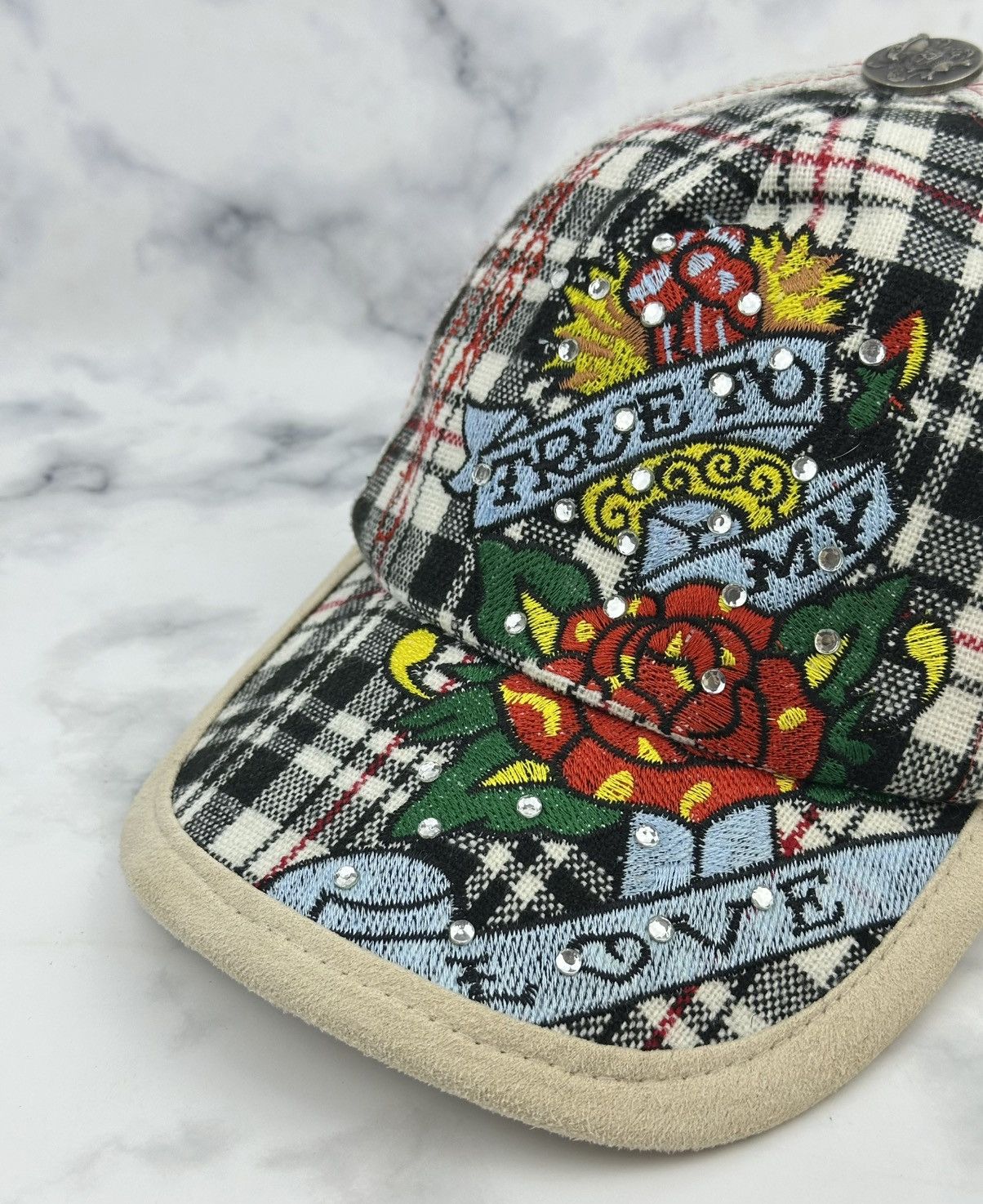Ed Hardy Vtg Ed Hardy x Red Monkey Trucker Hat Plaid Tattoo Y2K Cap Size ONE SIZE - 4 Thumbnail