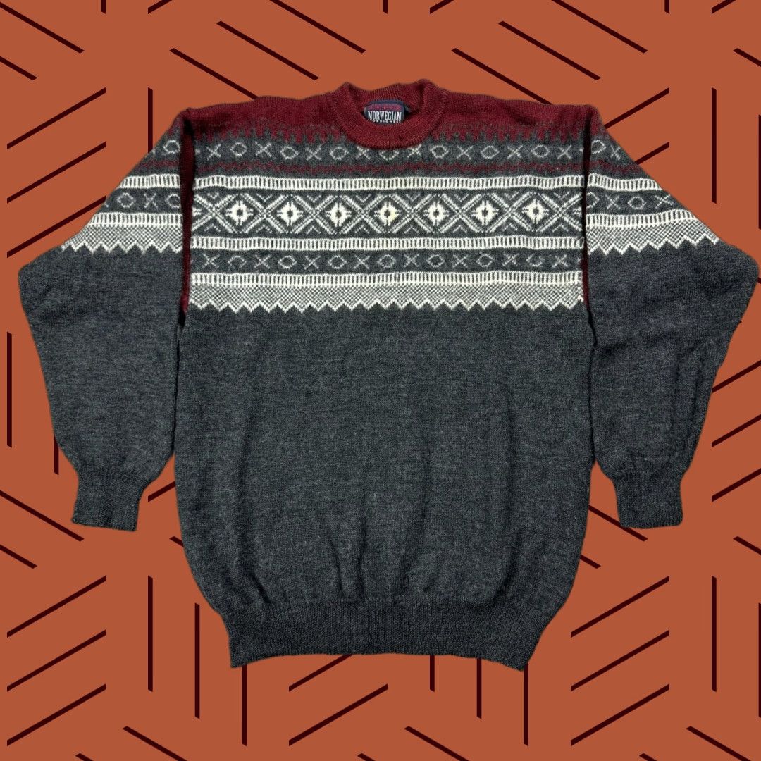 4SDESIGNS VTG NORWEGIAN DESIGNS MENS Sweater Modular Knit Crew Neck 90s Fair Isle Heavy Wool Size L Red Grey Christmas Ski Size US L / EU 52-54 / 3 - 1 Thumbnail