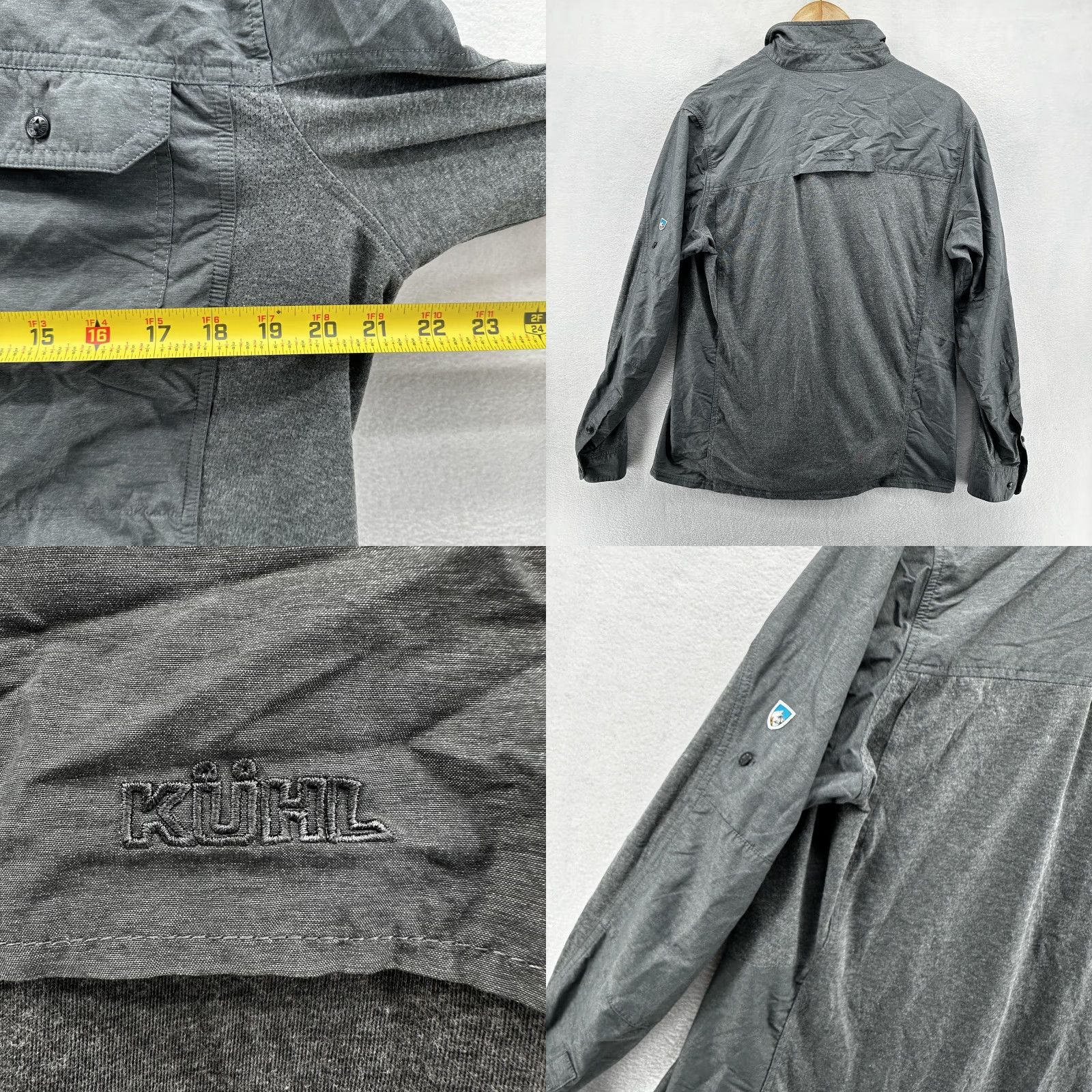 Vintage Kuhl Shirt Mens Medium Gray Hybrid Knit Woven Long Sleeve Button Front Outdoor Casual Workwear Hiking Pockets Embroidered Shield Patch Mens Size US M / EU 48-50 / 2 - 9 Thumbnail