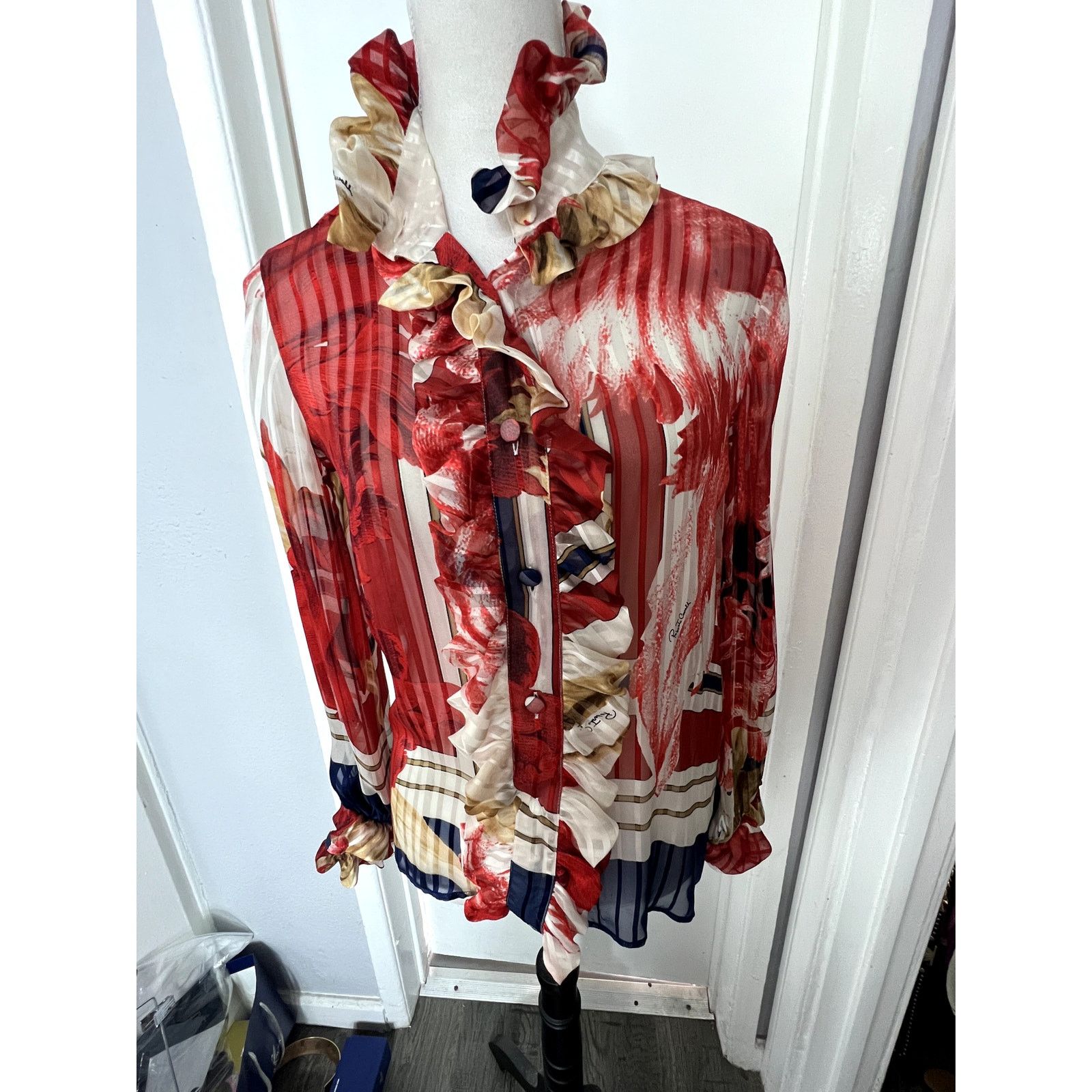 Roberto Cavalli NWT Roberto Cavalli '06 Silk red Ruffled Blouse Sz S Size S / US 4 / IT 40 - 3 Thumbnail