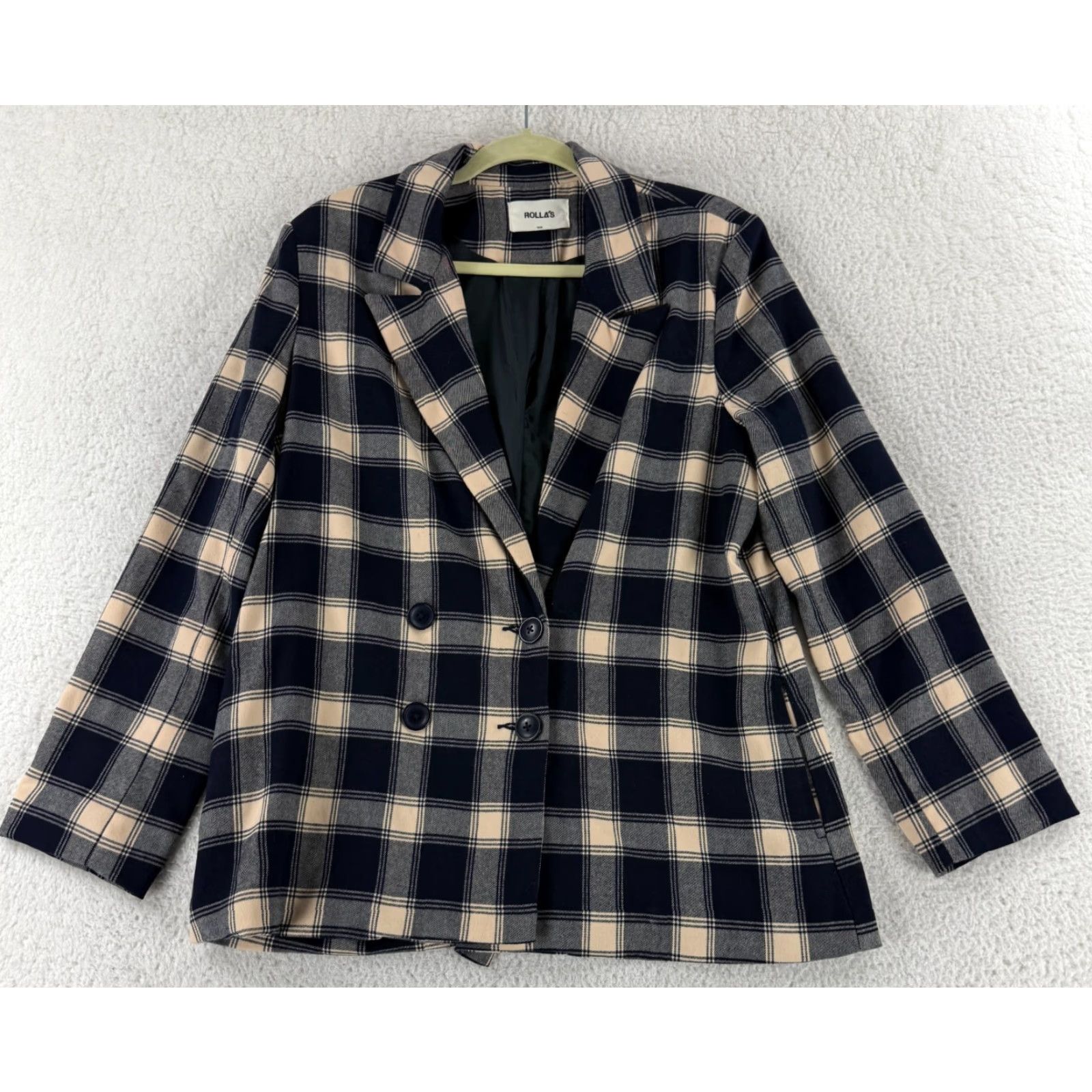 Rolla's Rolla's Check Slouch Blazer Womens Medium Blue Cream Long Sleeve Button Front Blazer Size M / US 6-8 / IT 42-44 - 2 Thumbnail