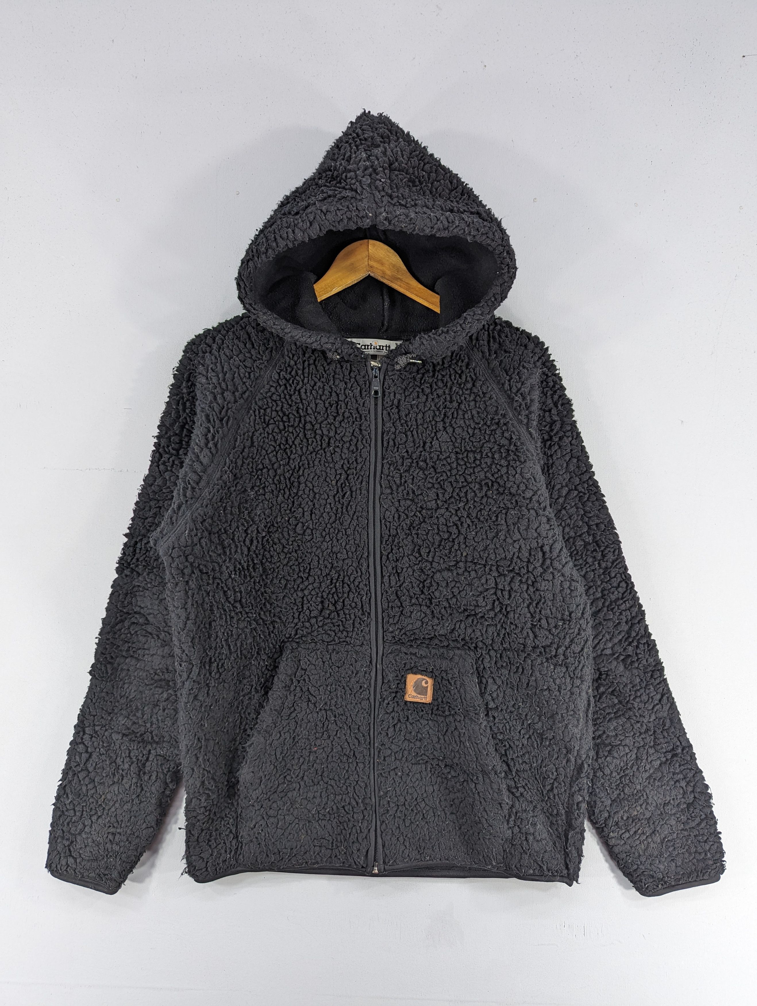 image of Retro Carhartt Fleece Deep Pile Hoodie Zipper Jacket in Black, Men's (Size Medium)