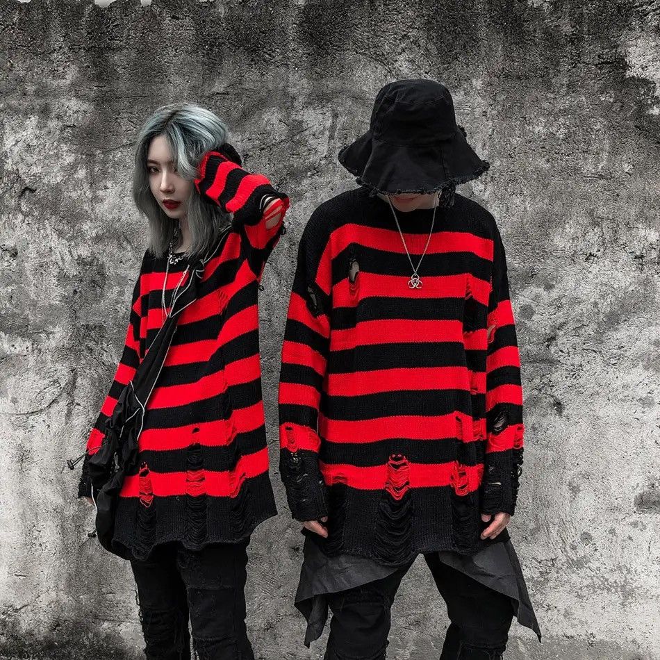 Japanese Brand × Vintage Sweater retro style loose pullover stripes torn holes fringe Size US L / EU 52-54 / 3 - 12 Thumbnail