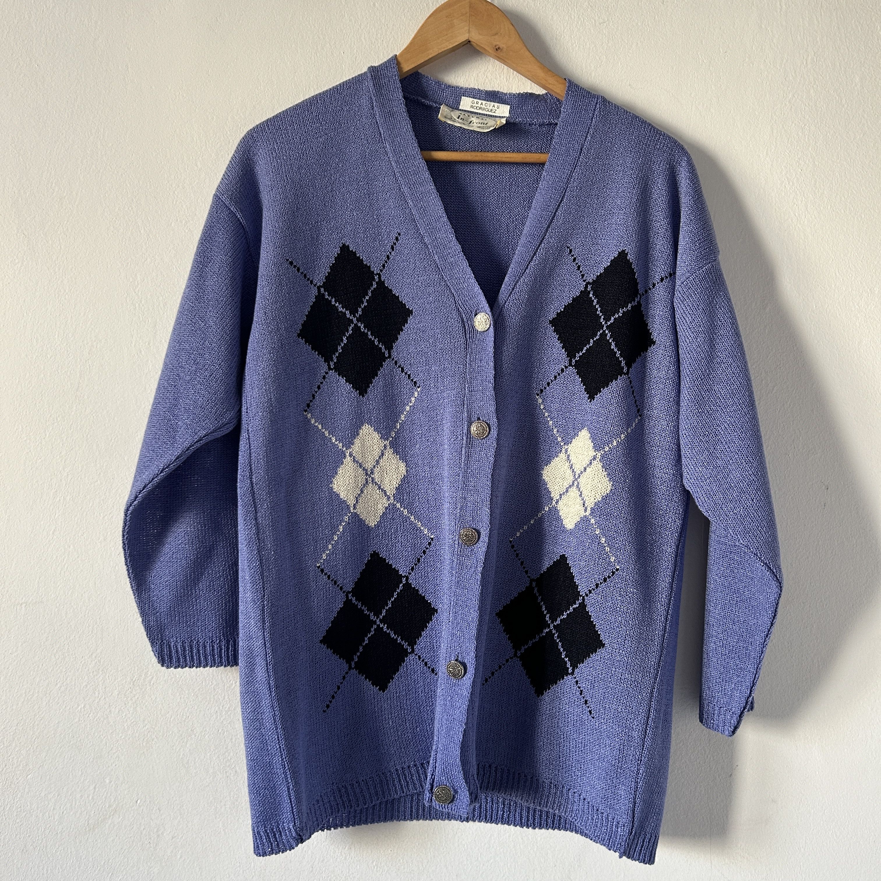 Vintage Vintage Argyle Purple Knit Sweater Cardigan Size L / US 10 / IT 46 - 7 Thumbnail
