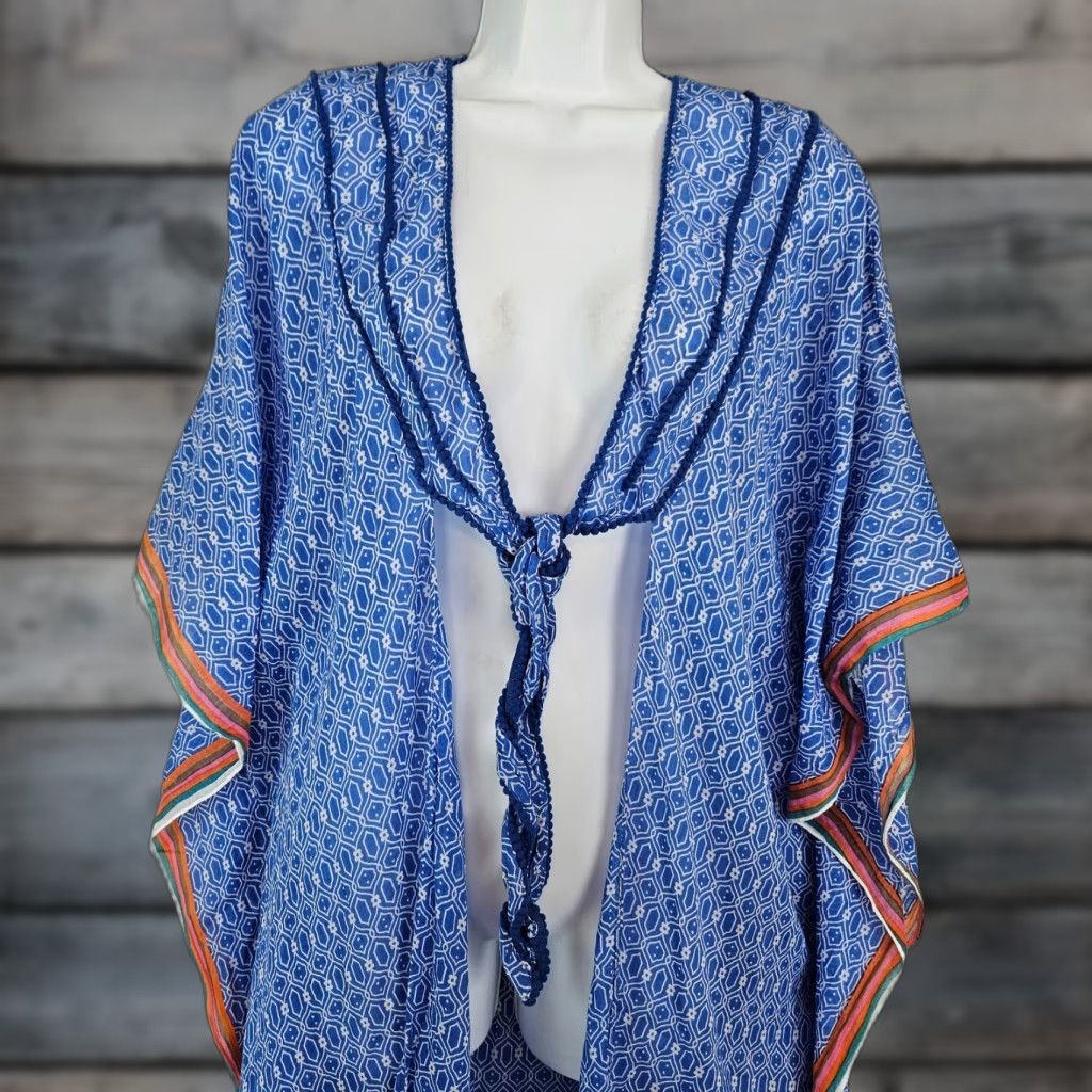 Vintage **Blue One Size Women's Raj Coverup Cotton** User: Blue One Size Women's Raj Coverup Cotton White Tie Front Tassels Cotton Size ONE SIZE - 1 Thumbnail