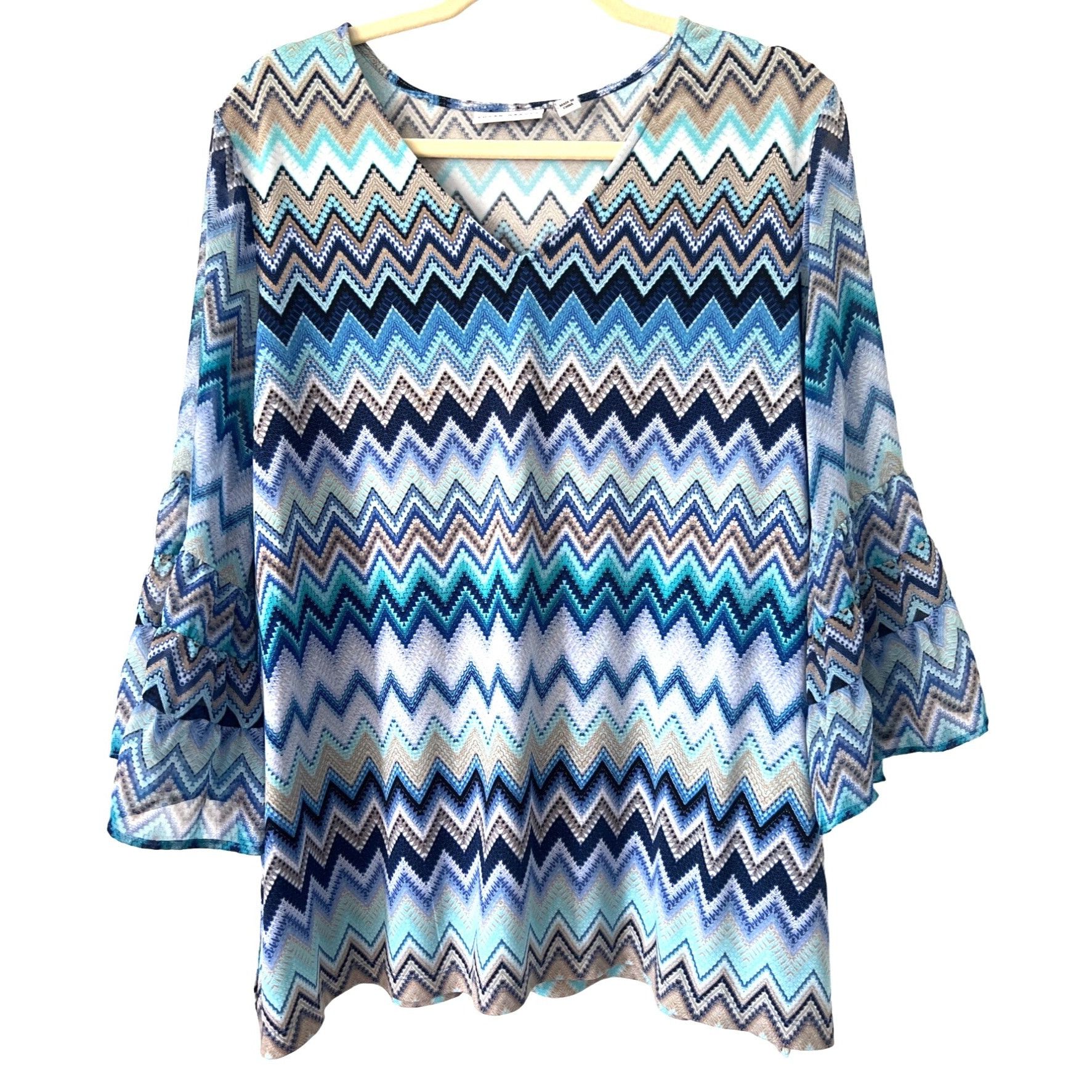 Vintage Susan Graver Women's XL Zigzag Bell Sleeve Top Blue White & Size XL / US 12-14 / IT 48-50 - 1 Thumbnail