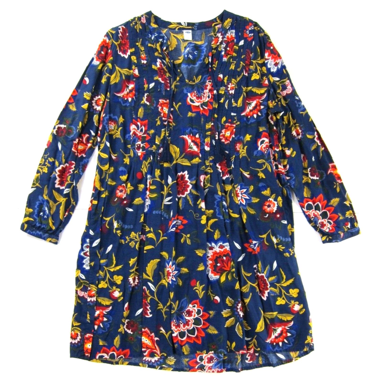 Old Navy VINTAGE Old Navy Blue Yellow Red Orange Floral Long Sleeve V-Neck Tunic Shift Dress L Size L / US 10 / IT 46 - 2 Thumbnail