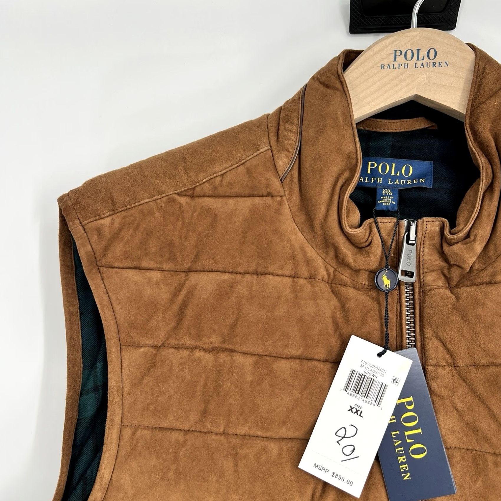 Polo Ralph Lauren VINTAGE Polo Ralph Lauren Vest 2XL Brown Quilted Suede Full Zip Pockets Stand-Up Collar Jacket/Coat Length Mid-Length Mens NWT 898 Size US XXL / EU 58 / 5 - 2 Thumbnail