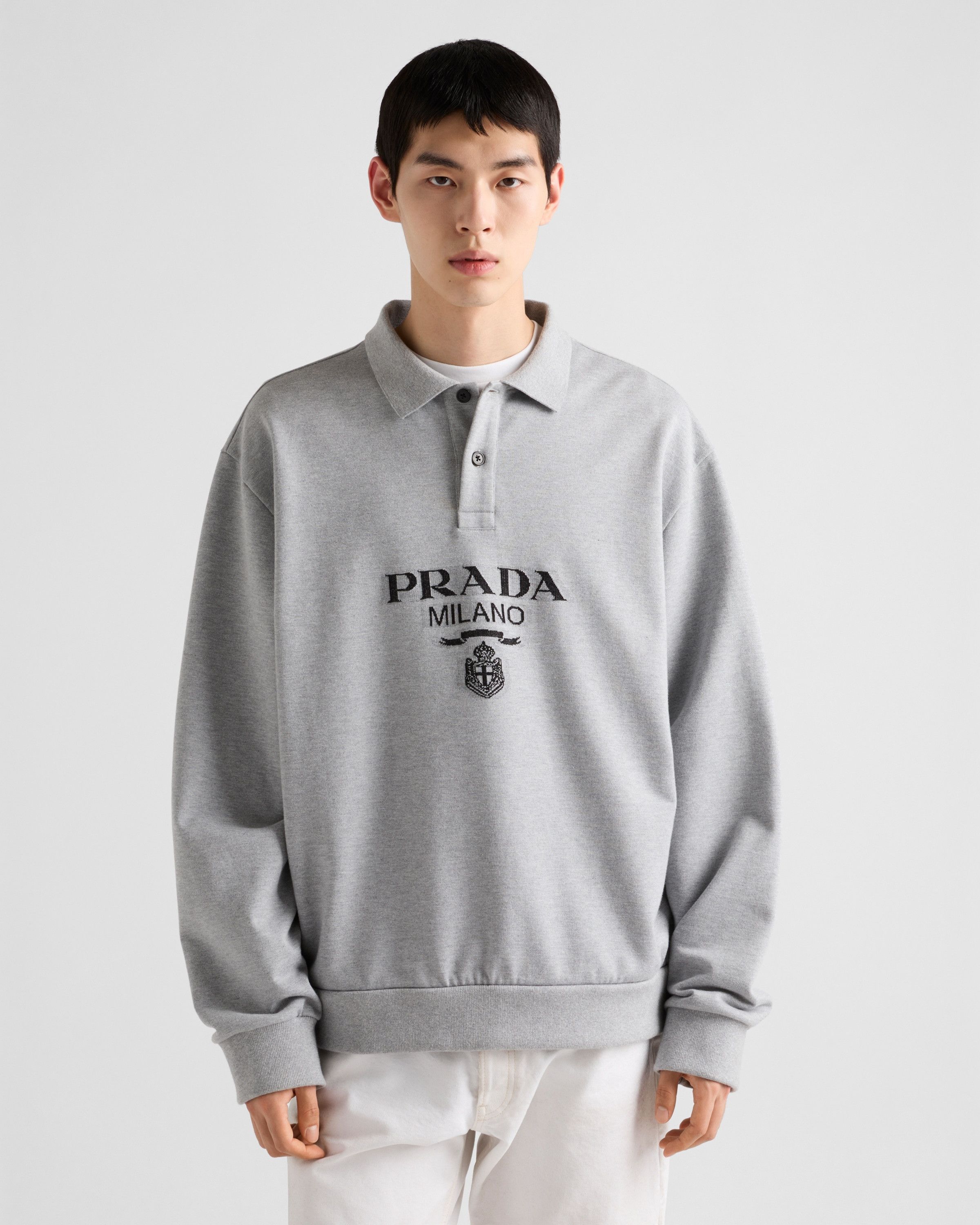 Prada oc11z0625 Long-Sleeved Cotton Polo Shirt in Grey Size US L / EU 52-54 / 3 - 3 Thumbnail