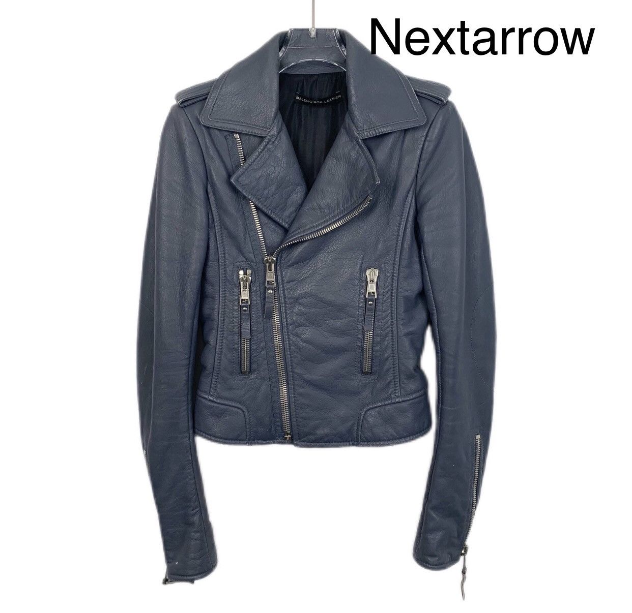 Balenciaga smog blue lapel zipper motorcycle leather jacket