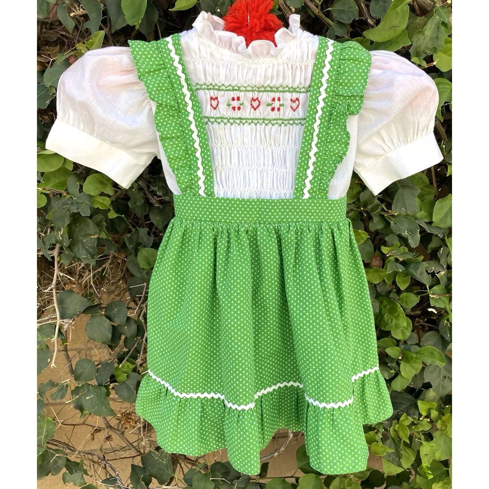 Vintage VINTAGE Polly Flinders Hand Smocked Dress Green Polka Dot Girls Size 4 70s 80s Size ONE SIZE - 4 Thumbnail