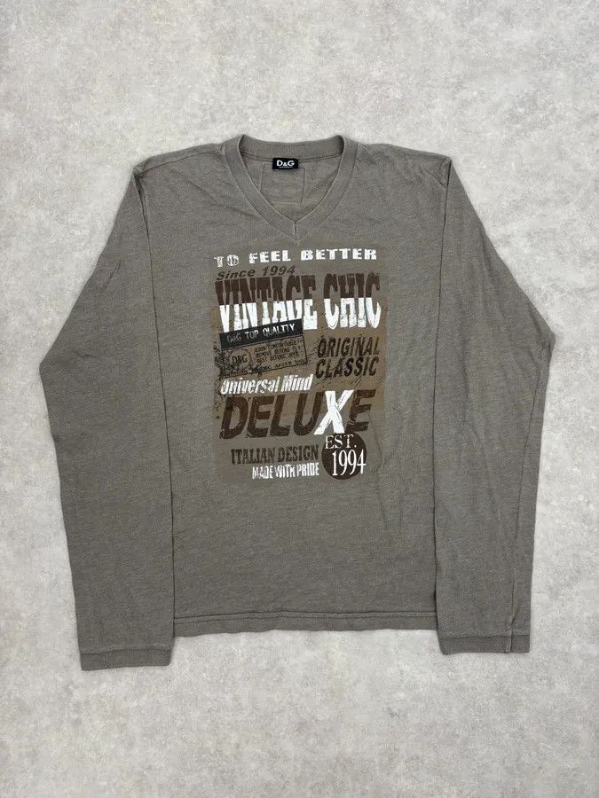 Dolce & Gabbana 2000s Dolce & Gabbana Grey V-Neck Deluxe Longsleeve T-Shirt Size US S / EU 44-46 / 1 - 1 Thumbnail
