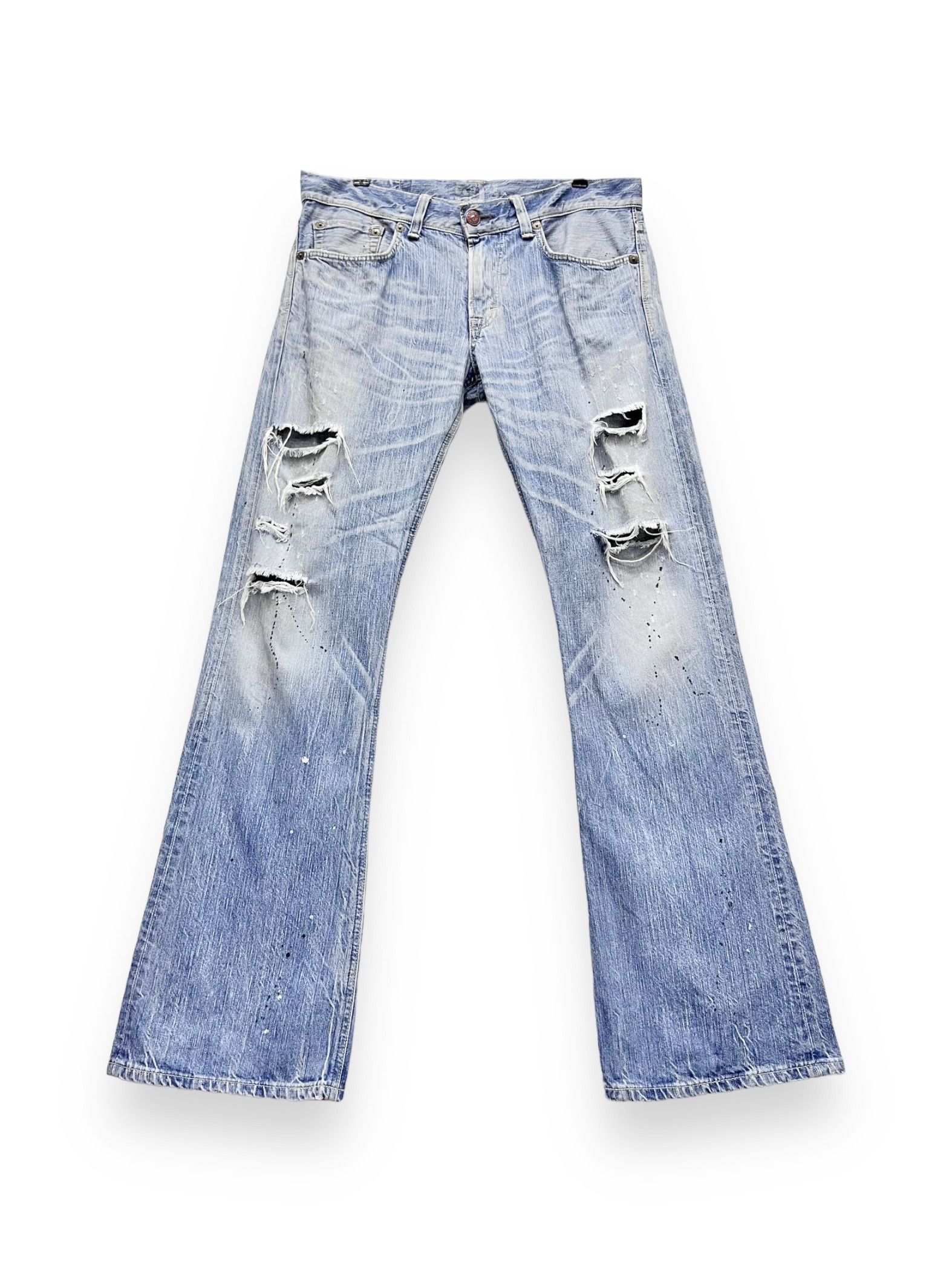 Edwin FYE RARE🔥EDWIN Thrashed Natural Ripped Light Wash FLARED🔥 Size US 34 / EU 50 - 5 Thumbnail