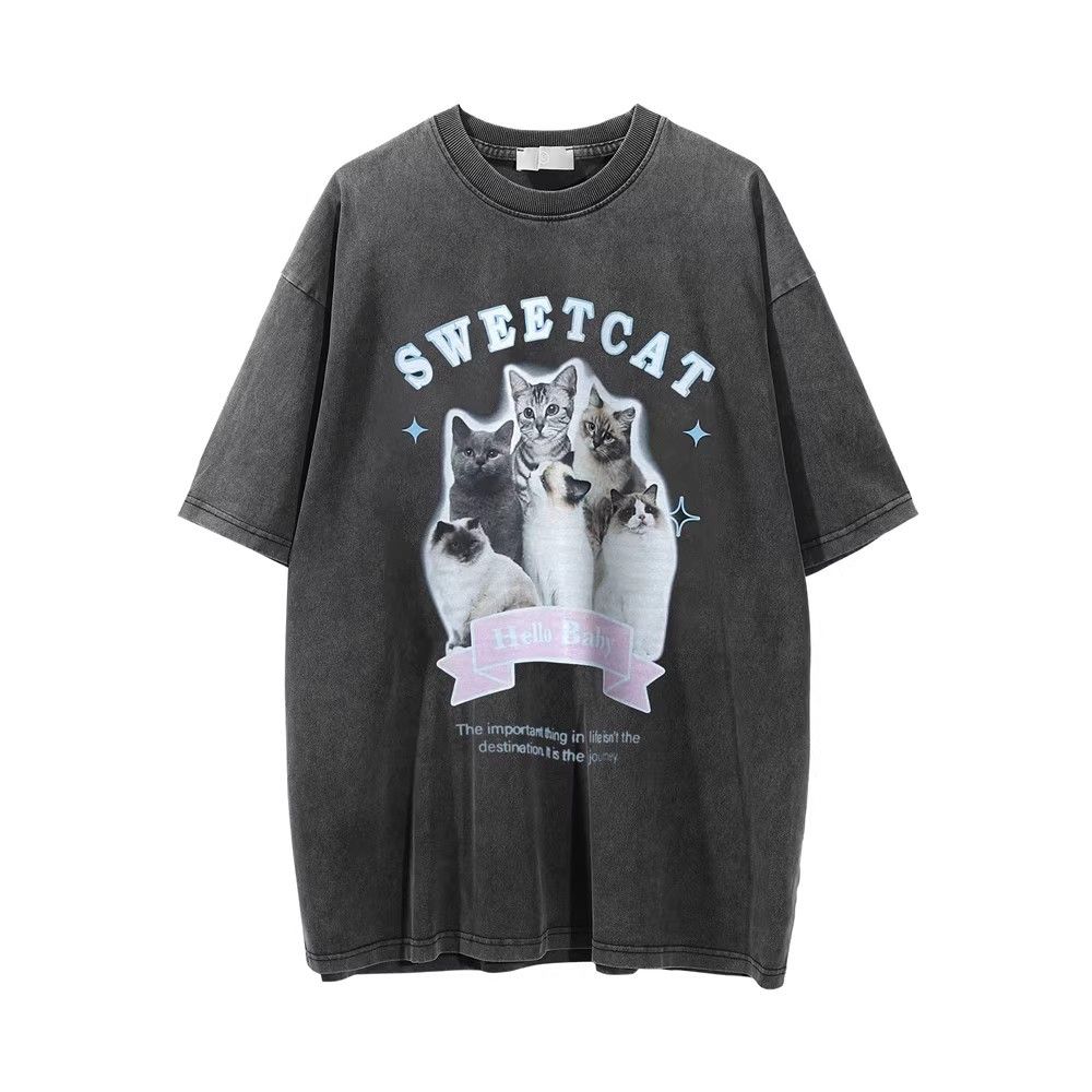 Band Tees × Vintage Men's casual loose cat print distressed washed T-shirt Size US L / EU 52-54 / 3 - 1 Thumbnail