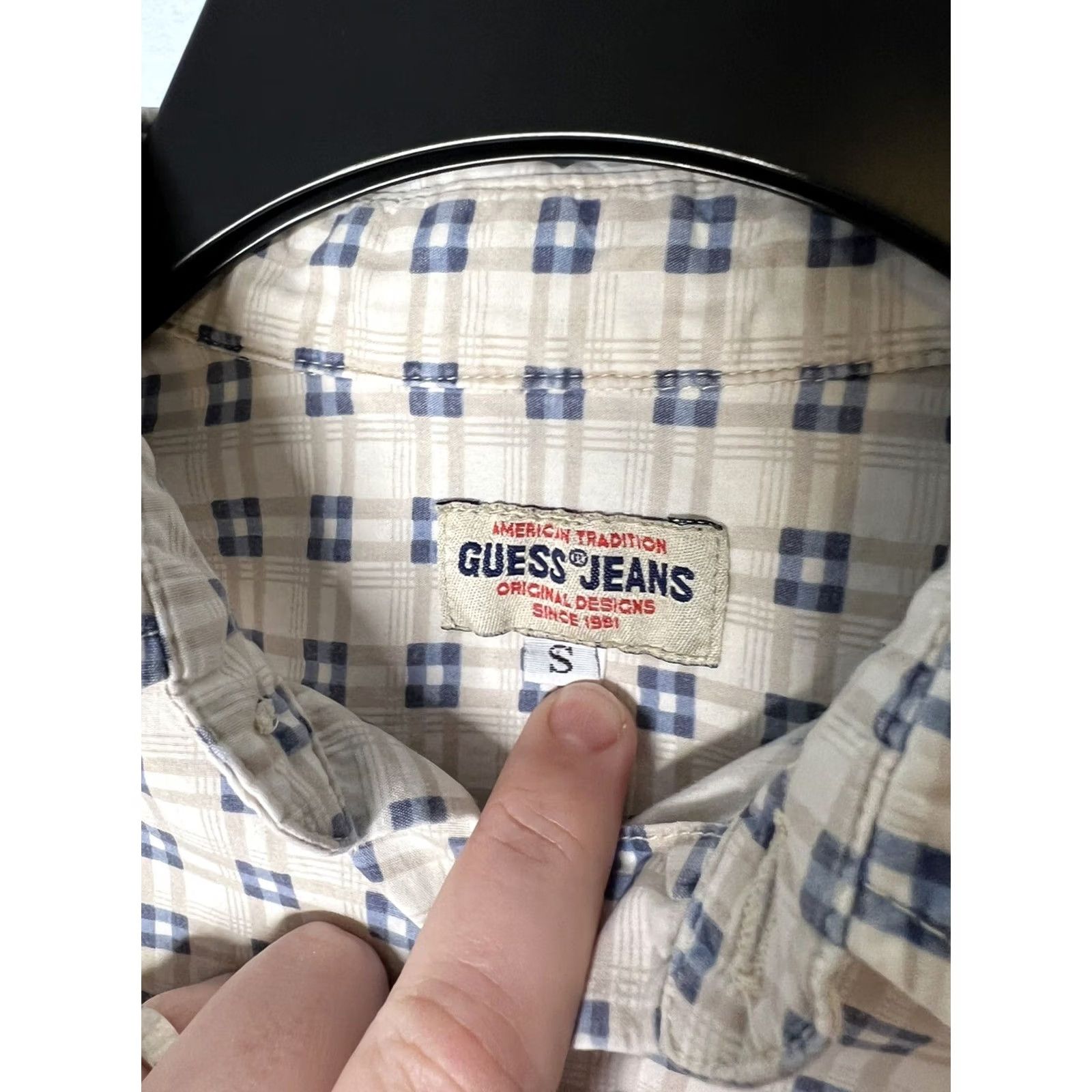 Guess VINTAGE GUESS Shirt Mens Small Beige Blue Grunge 90s Geometric Long Sleeve Button-Up Collared 90s Mens Size US S / EU 44-46 / 1 - 3 Thumbnail