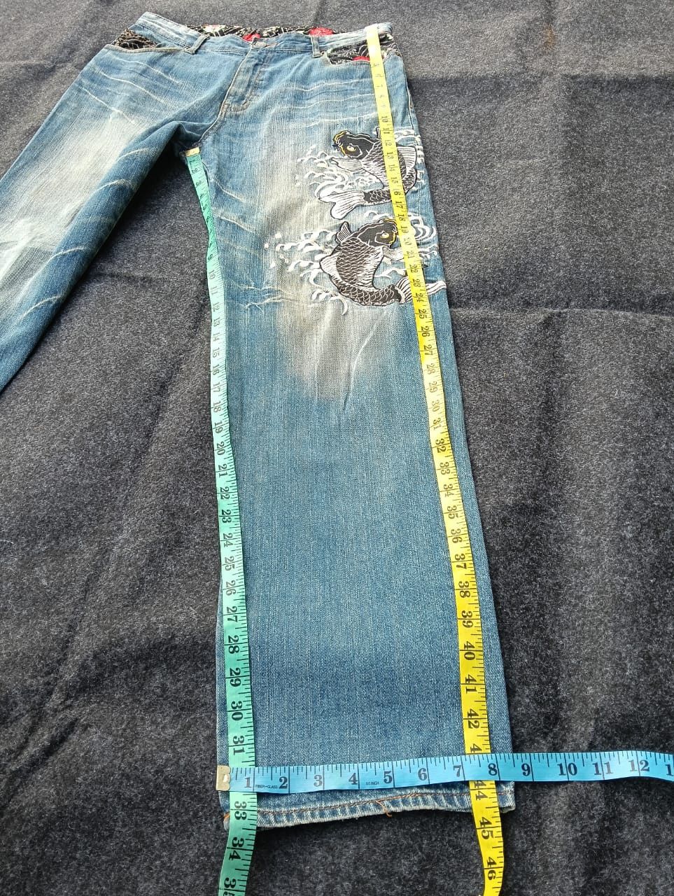 Karakuri Tamashii Rare 🔥 DOMINATE Japanese Koi Fish Embroidered Denim Jeans. Size US 33 - 6 Thumbnail