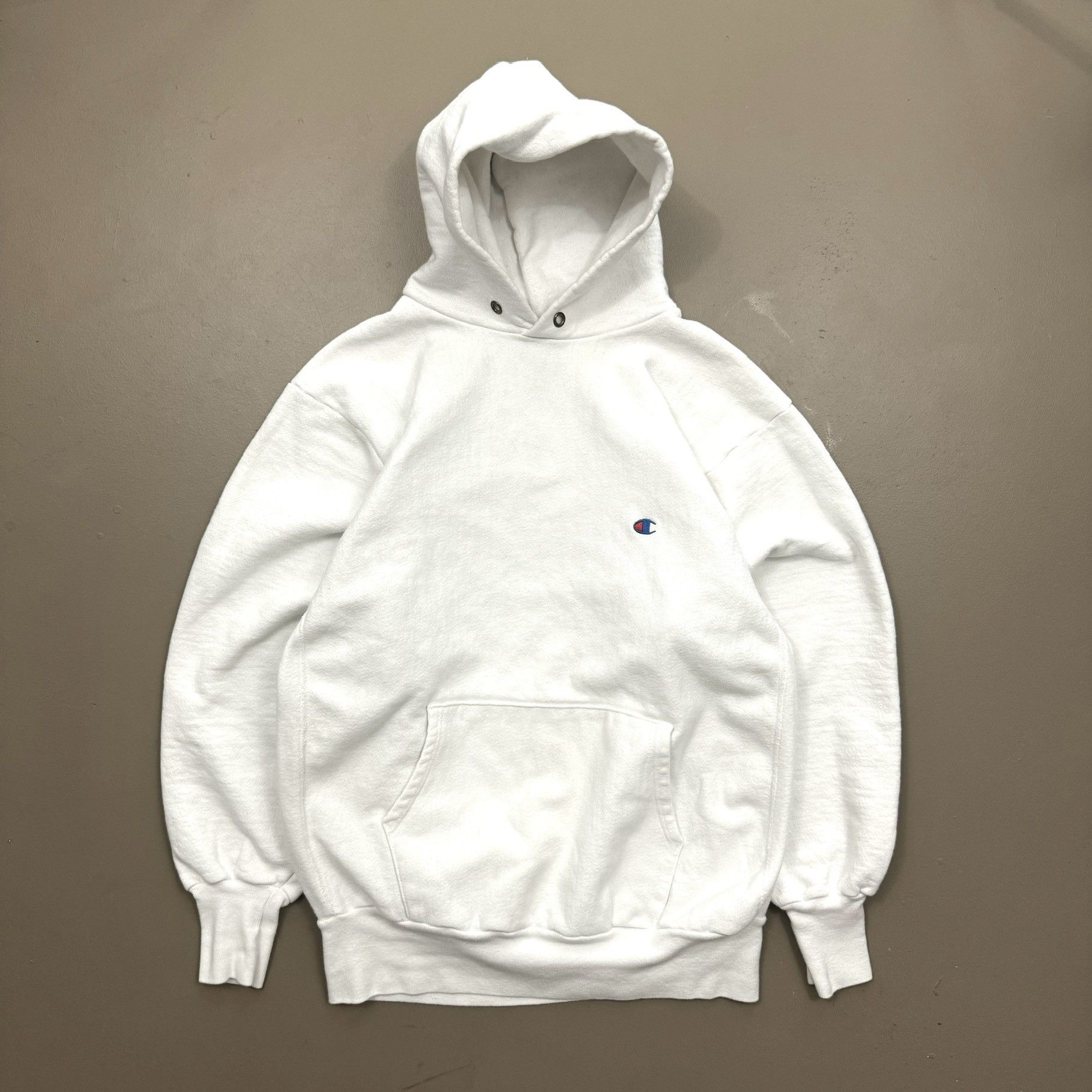 image of VTG 90's Champion Reverse Weave Mini C Hoodie Sweatshirt in White, Men's (Size 2XL)