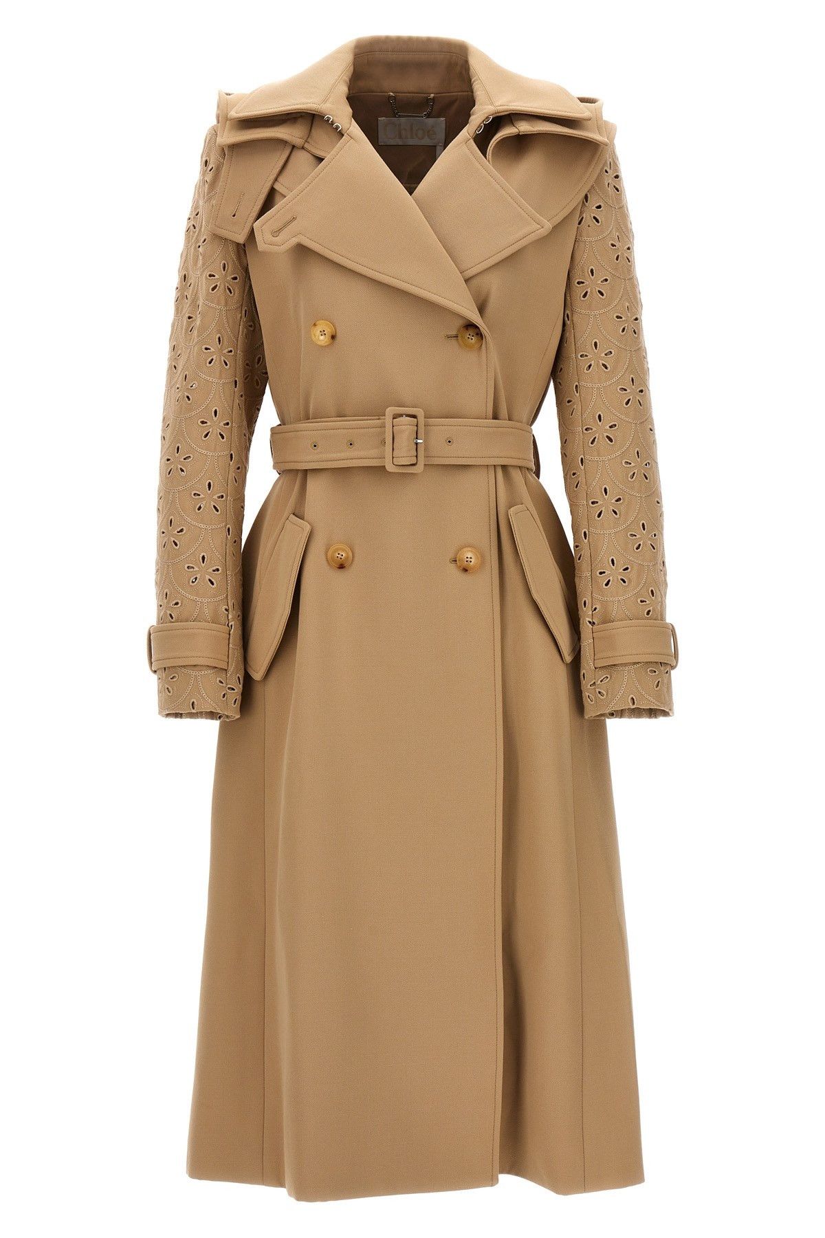 image of Chloe Embroidered Hooded Trench Coat in Beige, Women's (Size Medium)