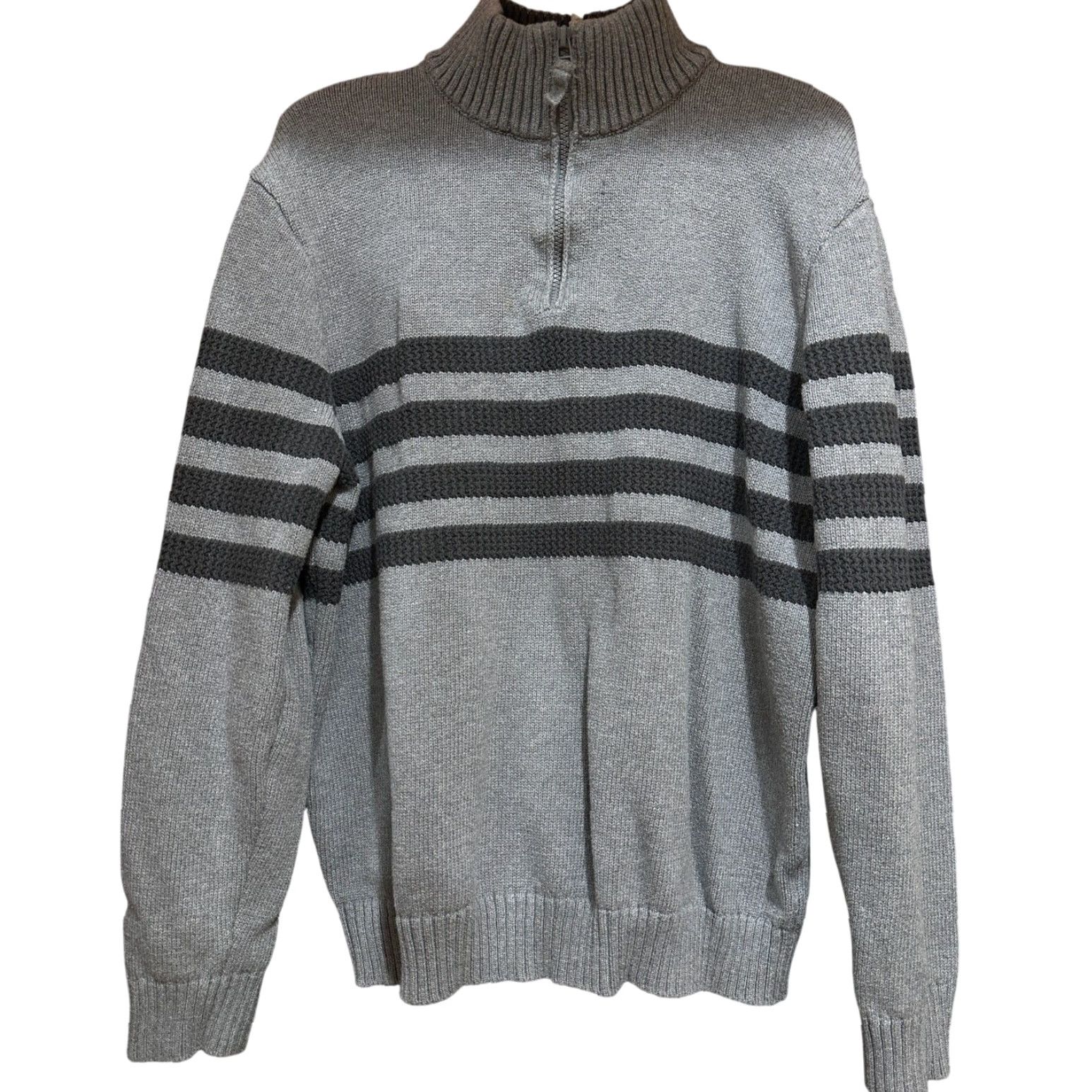 Vintage Tahari Sweater Womens XL Gray 100% Cotton Striped Pullover Mock Neck Long Sleeve Casual Preppy Academia) Size XL / US 12-14 / IT 48-50 - 2 Thumbnail
