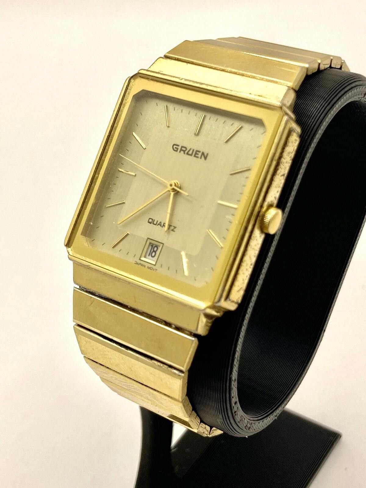 RARE Vintage Gruen Quartz Day Date Gold Rectangle Watch