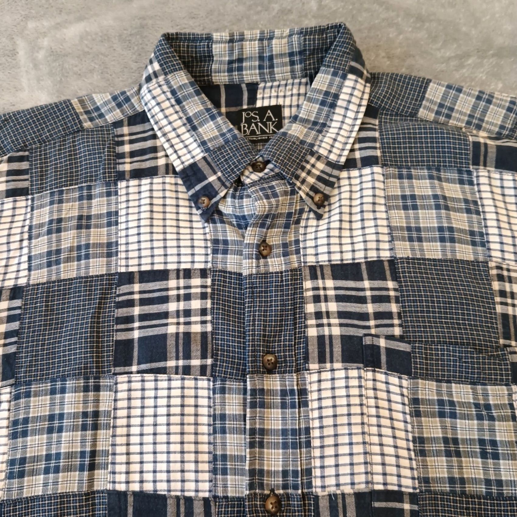 Jos. A. Bank Jos. A. Bank Shirt Mens XL Blue Patchwork Plaid Short Sleeve Button-Down Cotton Size US XL / EU 56 / 4 - 3 Thumbnail