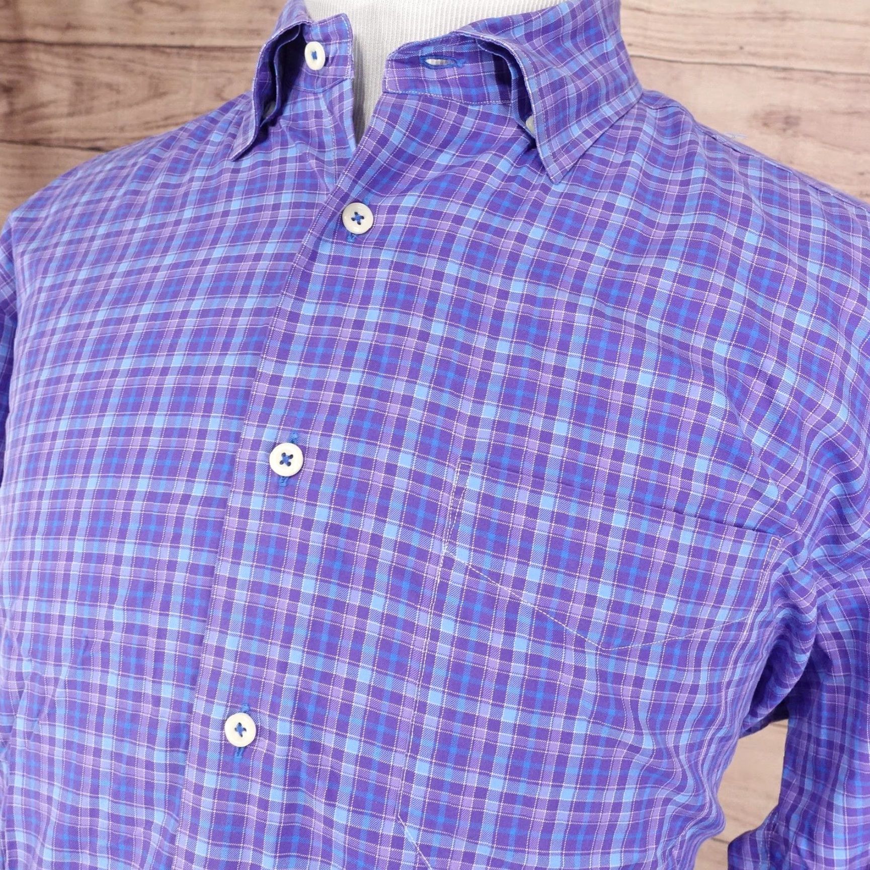 David Donahue DAVID DONAHUE Dress Shirt Mens XL Purple Blue Plaid Long Sleeve Cotton Button-Down Size US XL / EU 56 / 4 - 2 Thumbnail
