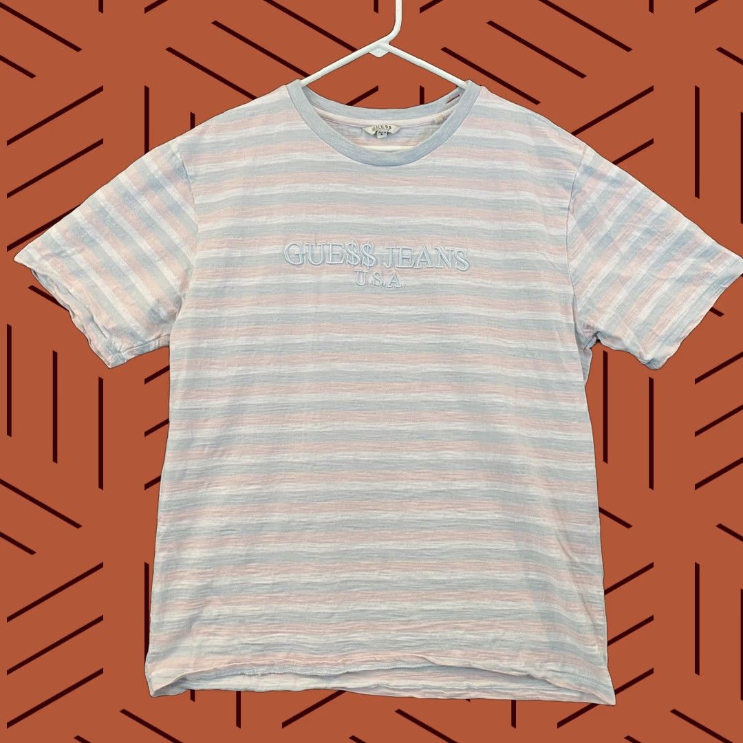 Guess A Rocky x Guess Jeans Shirt Mens Large Striped Pink Blue Cotton Candy Crew Neck Size US L / EU 52-54 / 3 - 1 Thumbnail