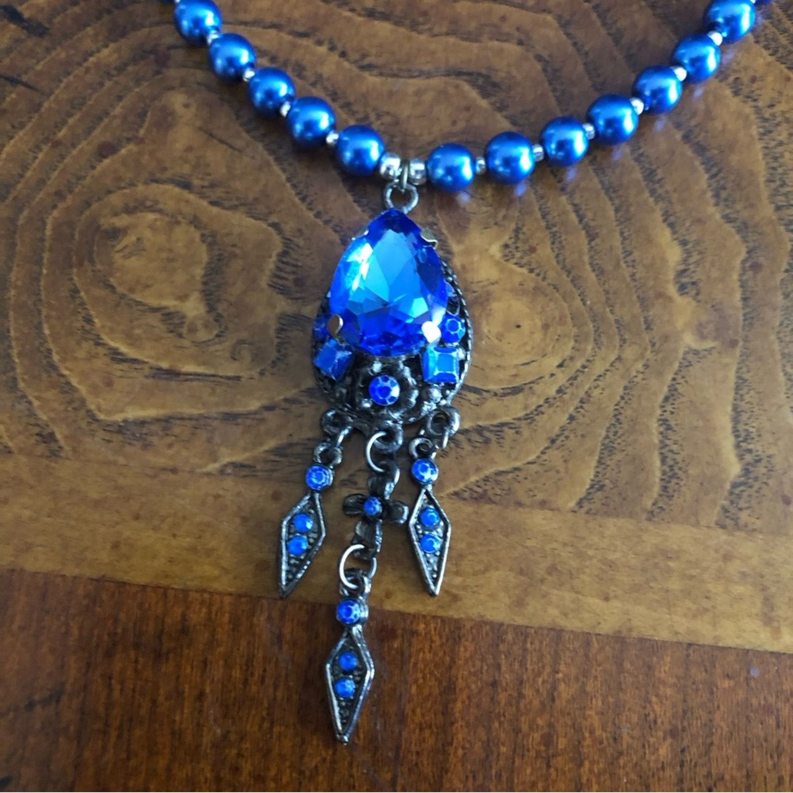 Handmade Handcrafted repurpose royal blue pendant Pearl necklace Size ONE SIZE - 11 Thumbnail