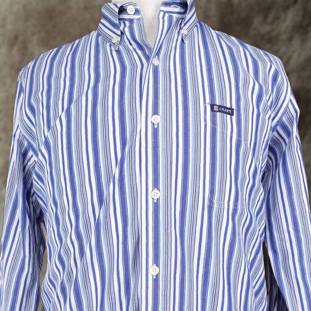 Chaps Vintage Chaps Men's Long Sleeve Button-Up Shirt Classic Fit Striped Cotton Casual Business Large Blue Size US L / EU 52-54 / 3 - 1 Thumbnail