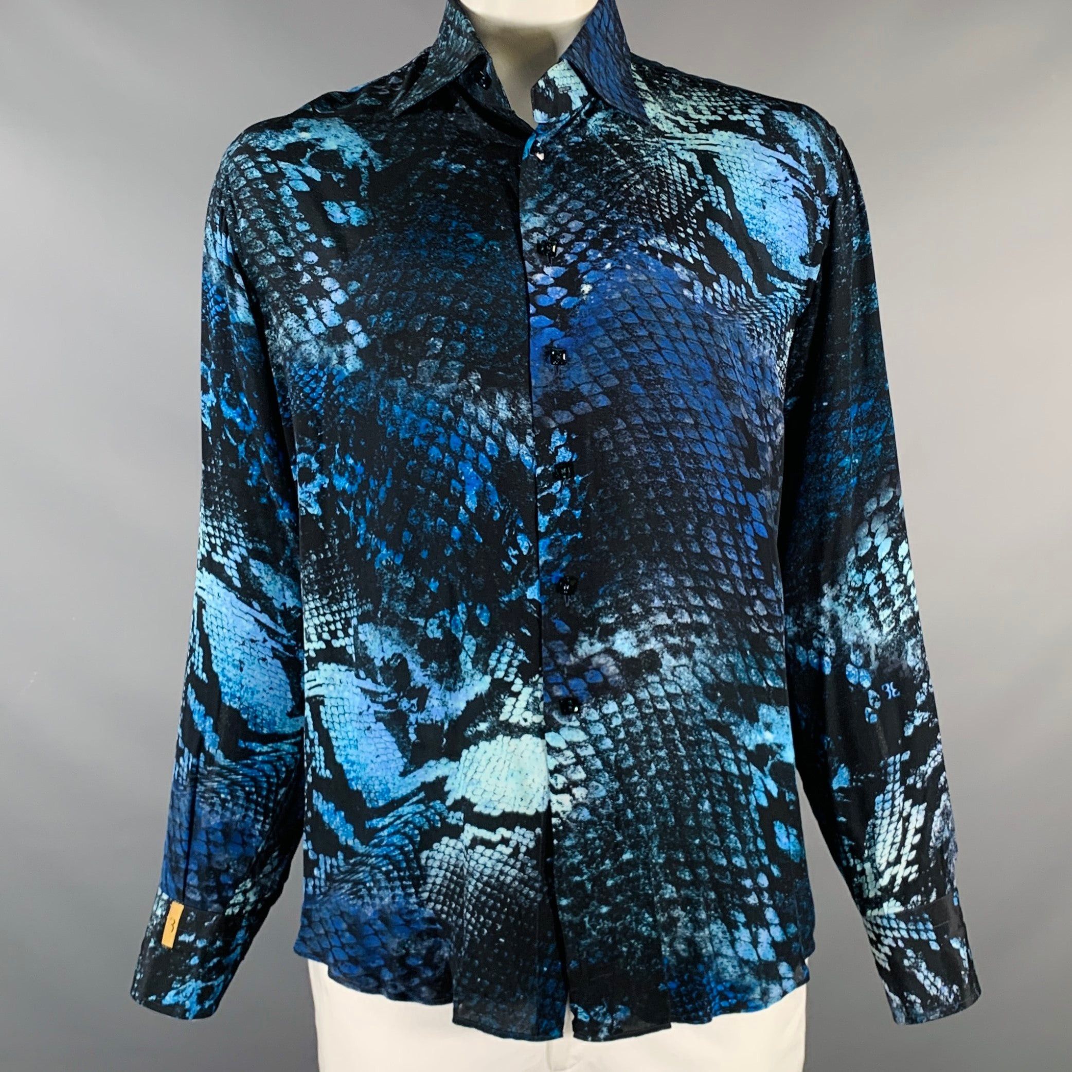 image of Billionaire Couture Black Blue Snake Silk Button Up Long Sleeve Shirt, Men's (Size XL)