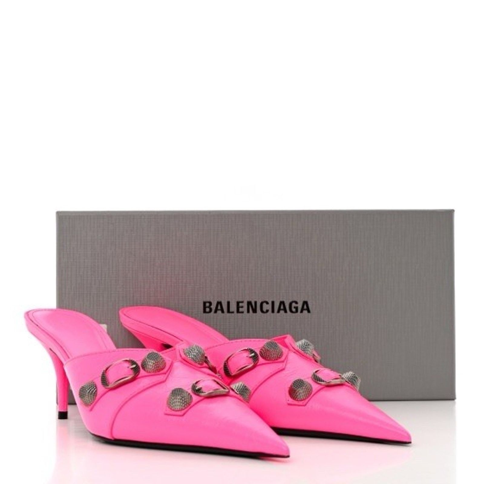 Balenciaga Pink Engraved Cagole Slip On Leather Heeled Mules Shoes 37 Size US 7 / IT 37 - 1 Thumbnail