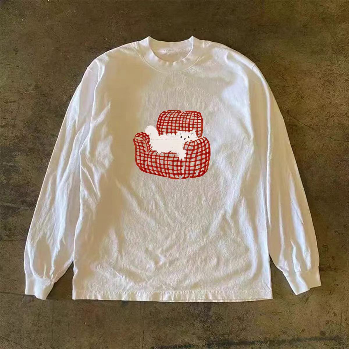 Vintage White casual retro cat print long-sleeved t-shirt Size US M / EU 48-50 / 2 - 1 Thumbnail