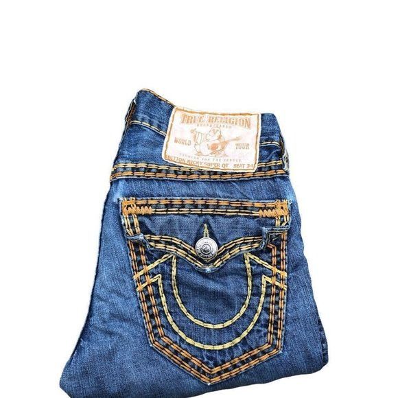 TRUE Religion Jeans Size 28 RICKY SUPER QT Blue Orange Stitc