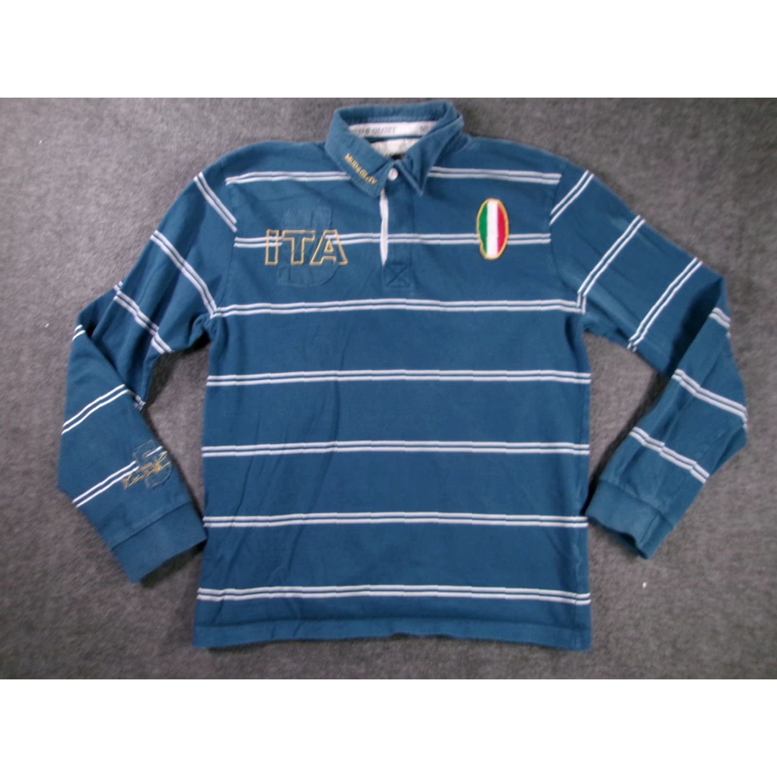 Vintage Mud & Glory Rugby Polo Mens XL Blue Striped Long Sleeve ITA Patch Italy Cotton Size US XL / EU 56 / 4 - 2 Thumbnail