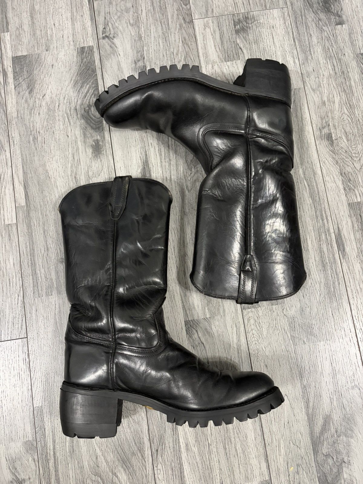 Vintage ACME Black Leather Pecos Lug Sole Boots Stacked Heel  display picture 2