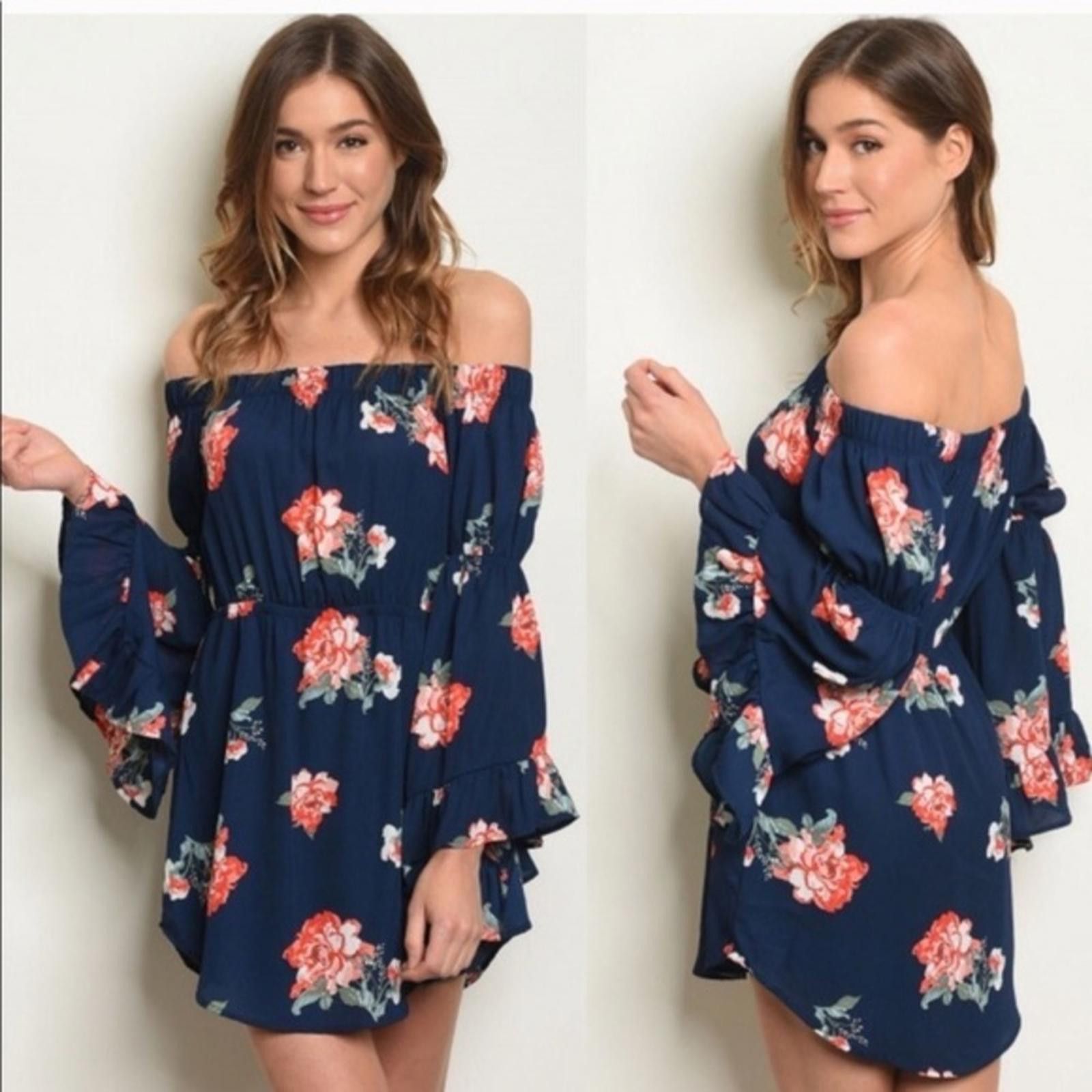 Designer Floral Off The Shoulder Mini Dress With Bell Sleeves NWT Size S / US 4 / IT 40 - 1 Thumbnail