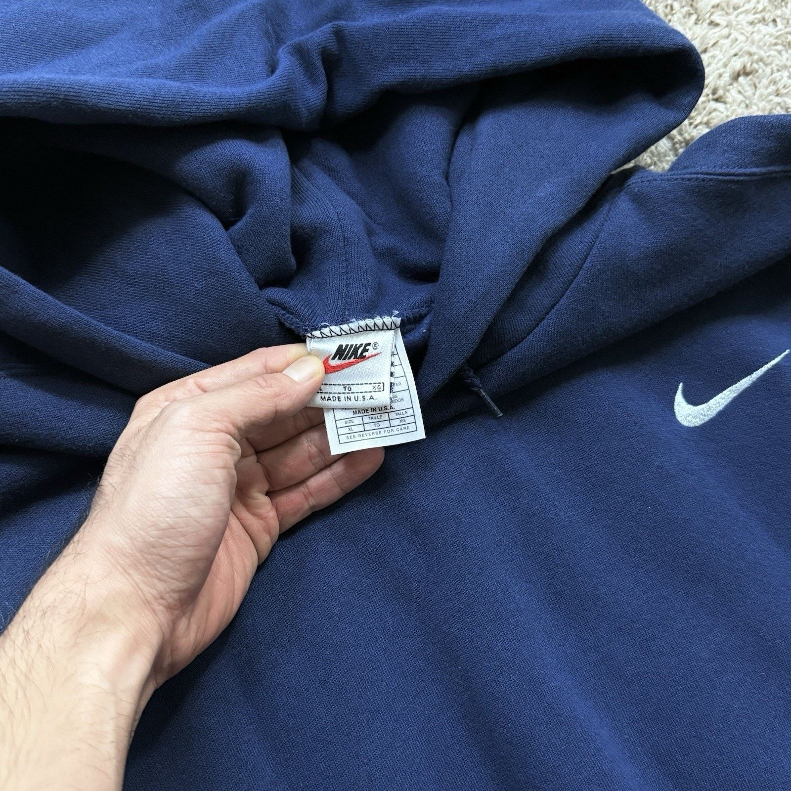 Nike × Vintage Vintage 90’s Nike Navy Blue Hoodie Made in USA Men’s Size XL Size US XL / EU 56 / 4 - 3 Thumbnail