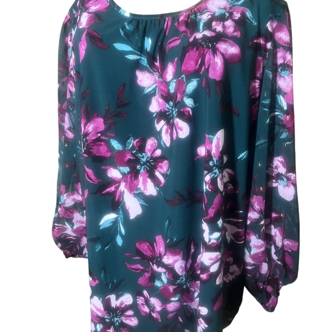 Kasper Kasper Floral Print Blouse Evergreen Multi NWT 2X Size XXL / US 16-18 / IT 52-54 - 5 Thumbnail