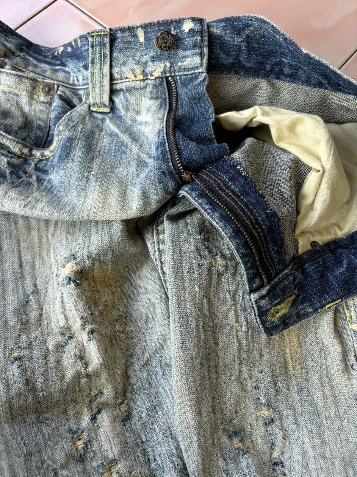 Japanese Brand Mud Wash Ripped Trashed Semi Bootcut Jean Size US 35 - 18 Thumbnail