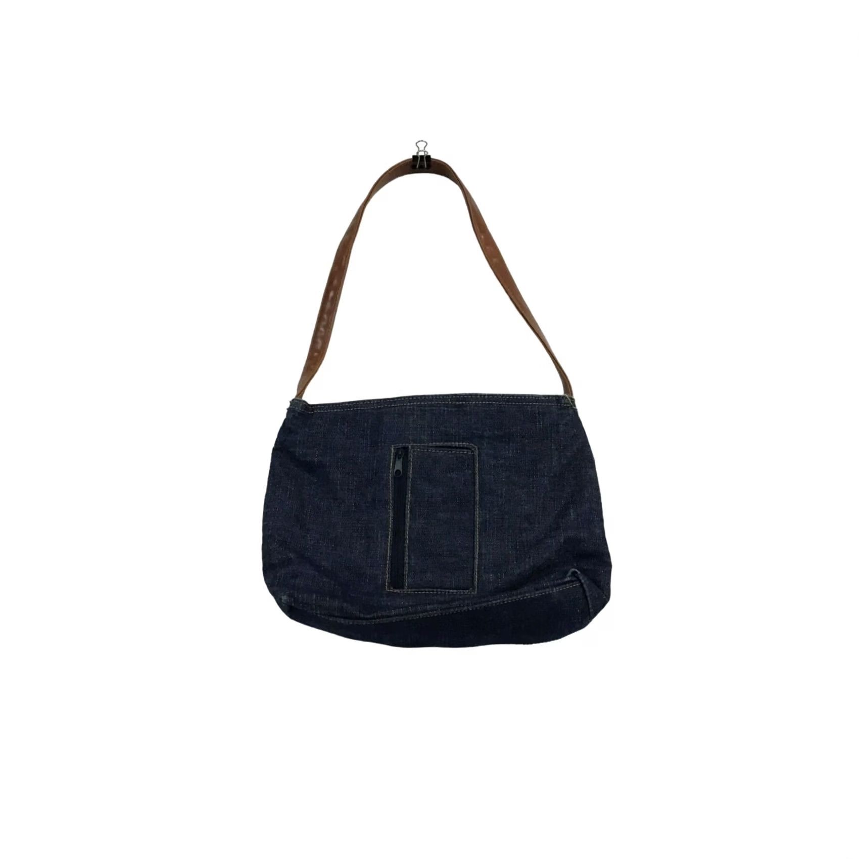 Denime VINTAGE Denim Shoulder Purse Shoulder Bag Womens Small Blue 1948 Tan Ties on the Front Size ONE SIZE - 2 Thumbnail