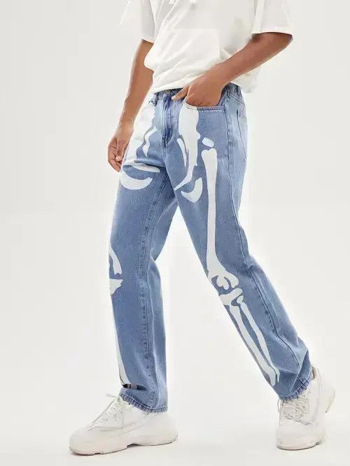 Japanese Brand × Vintage Retro Punk Pants Denim Vintage Skeleton Print Size US 32 / EU 48 - 2 Thumbnail