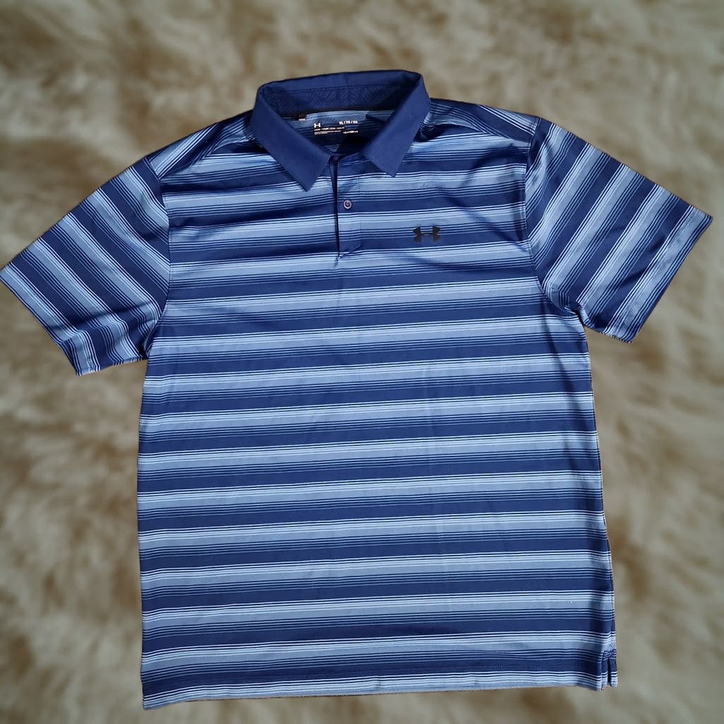 Under Armour Under Armour Polo Shirt Blue Stripe Golf Polo Short Sleeve XL Loose HeatGear Stretch Mens Size US XL / EU 56 / 4 - 1 Thumbnail