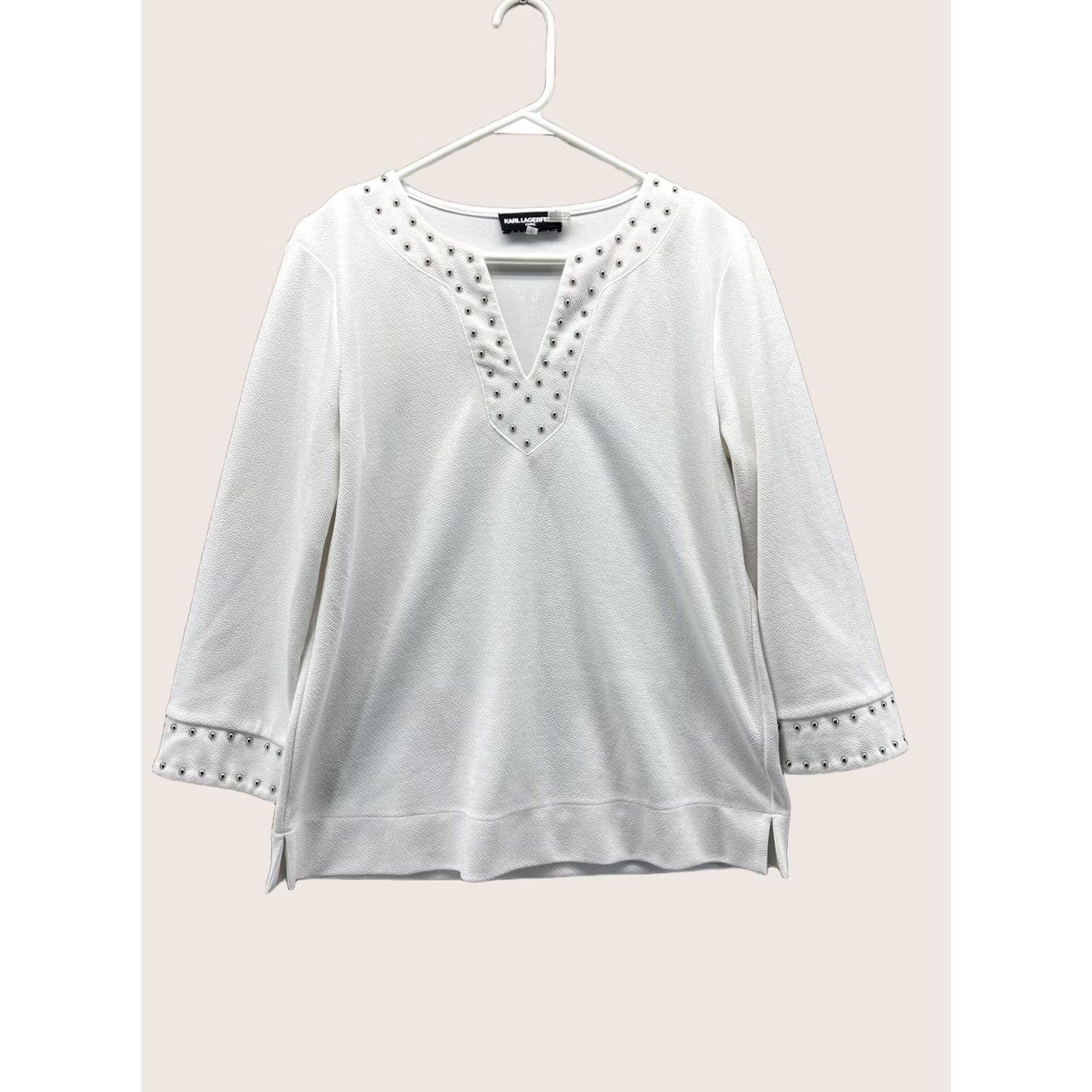 Karl Lagerfeld Karl Lagerfeld Paris Blouse Womens Small White Studded V Neck 3/4 Sleeve Top Size S / US 4 / IT 40 - 1 Thumbnail